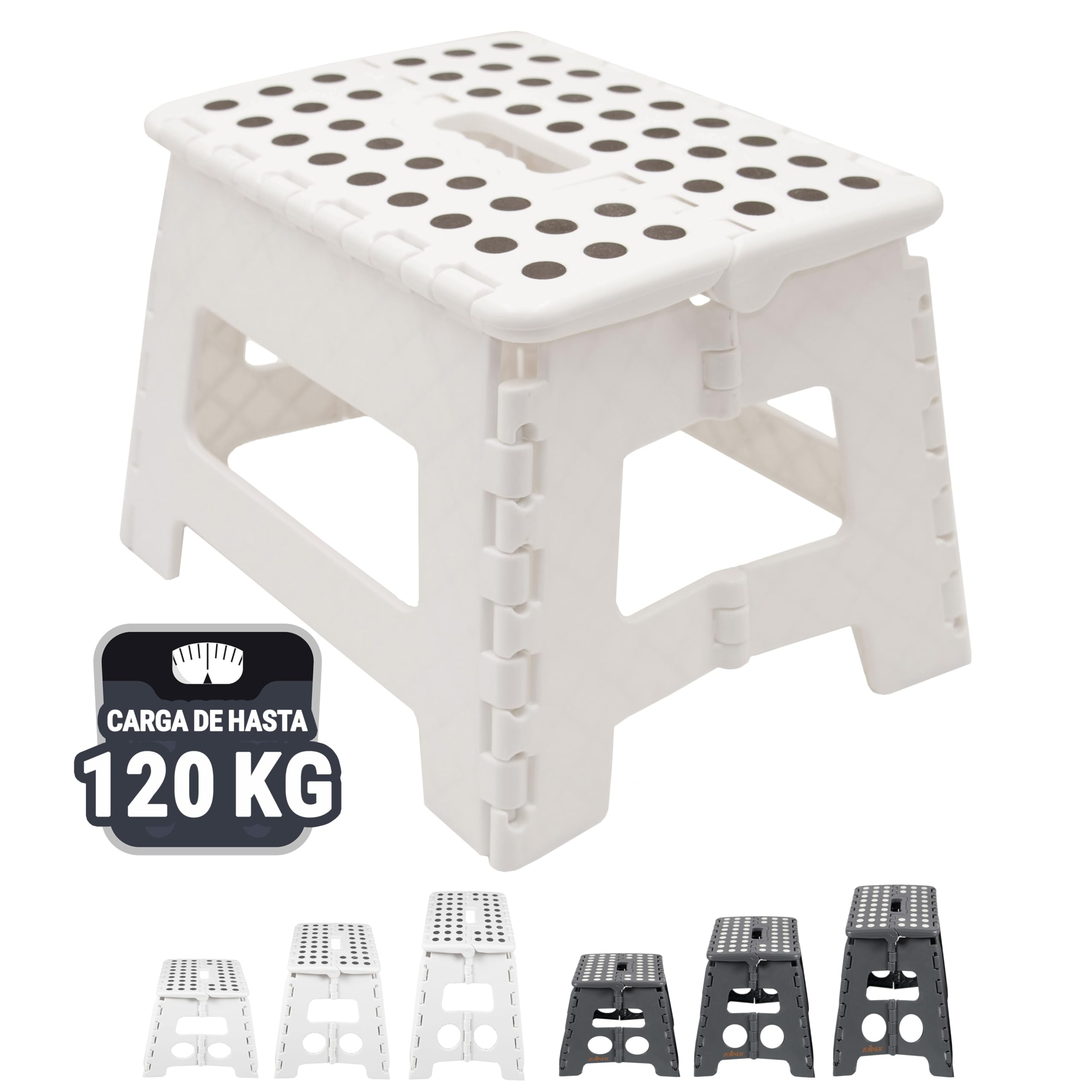 ZOLLNER Taburete Plegable Multiusos portátil, 22 cm Altura, hasta 120 kg, Blanco