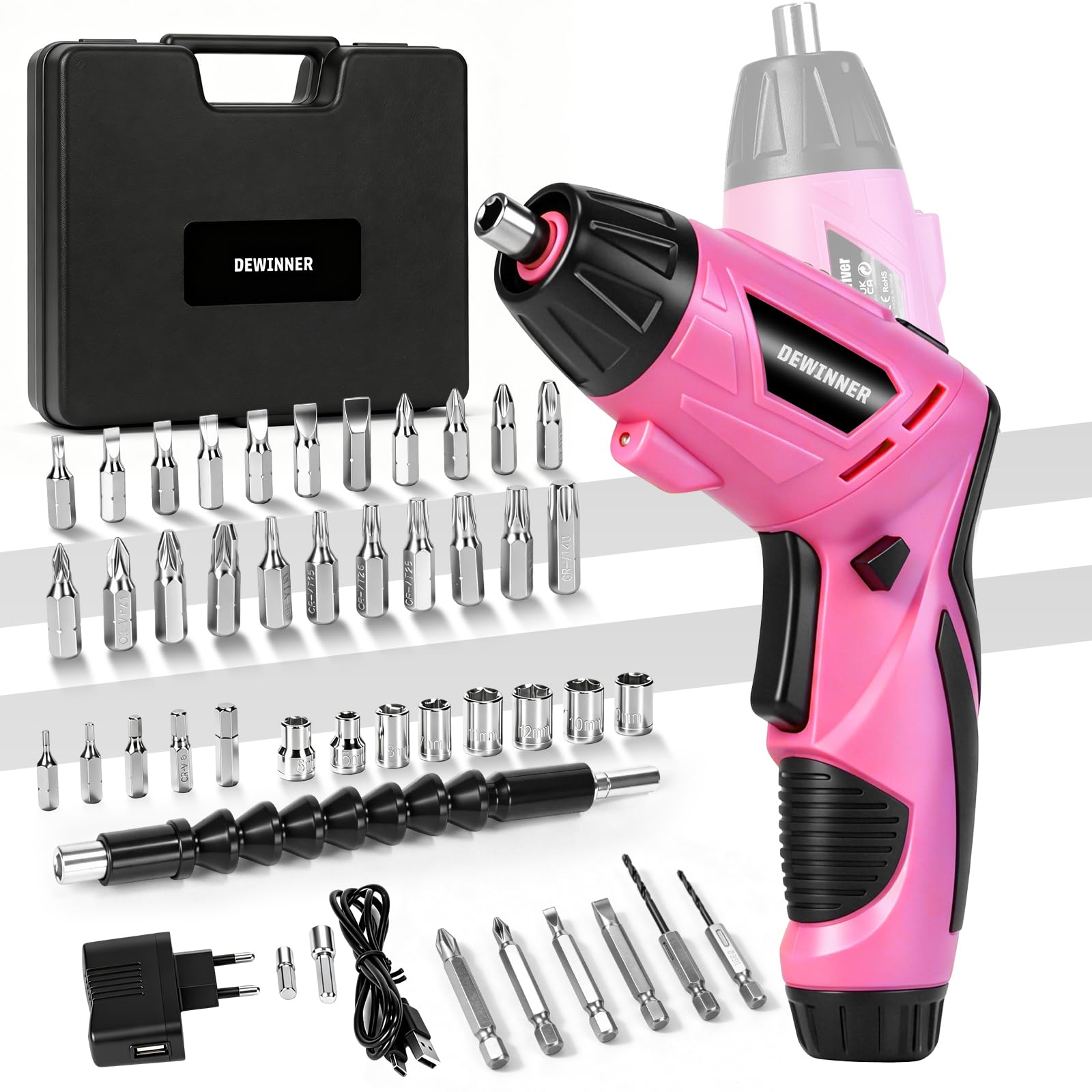 DEWINNER Destornillador Eléctrico Rosa 3N.m 1300mAh – Kit Taladro Destornillador Inalámbrico Recargable con Luz LED, Cable USB – Ideal para Bricolaje, Montaje de Muebles y Reparaciones Domésticas