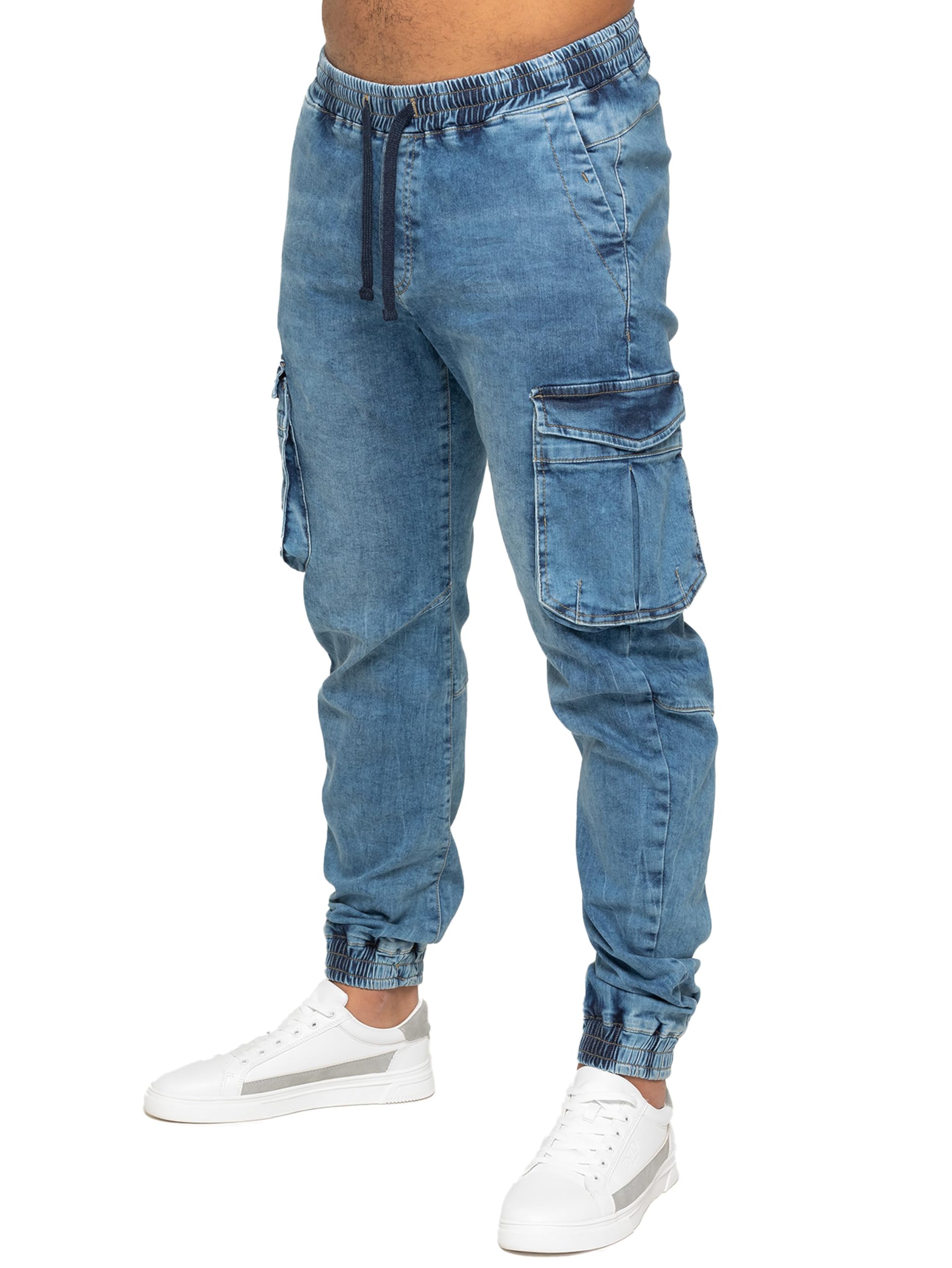 989Zé ENZO Mens Cargo Combat Jeans Elasticated Waist Cuffed Trousers Joggers (UK, Numeric, 34, Regular, Regular, Blue)