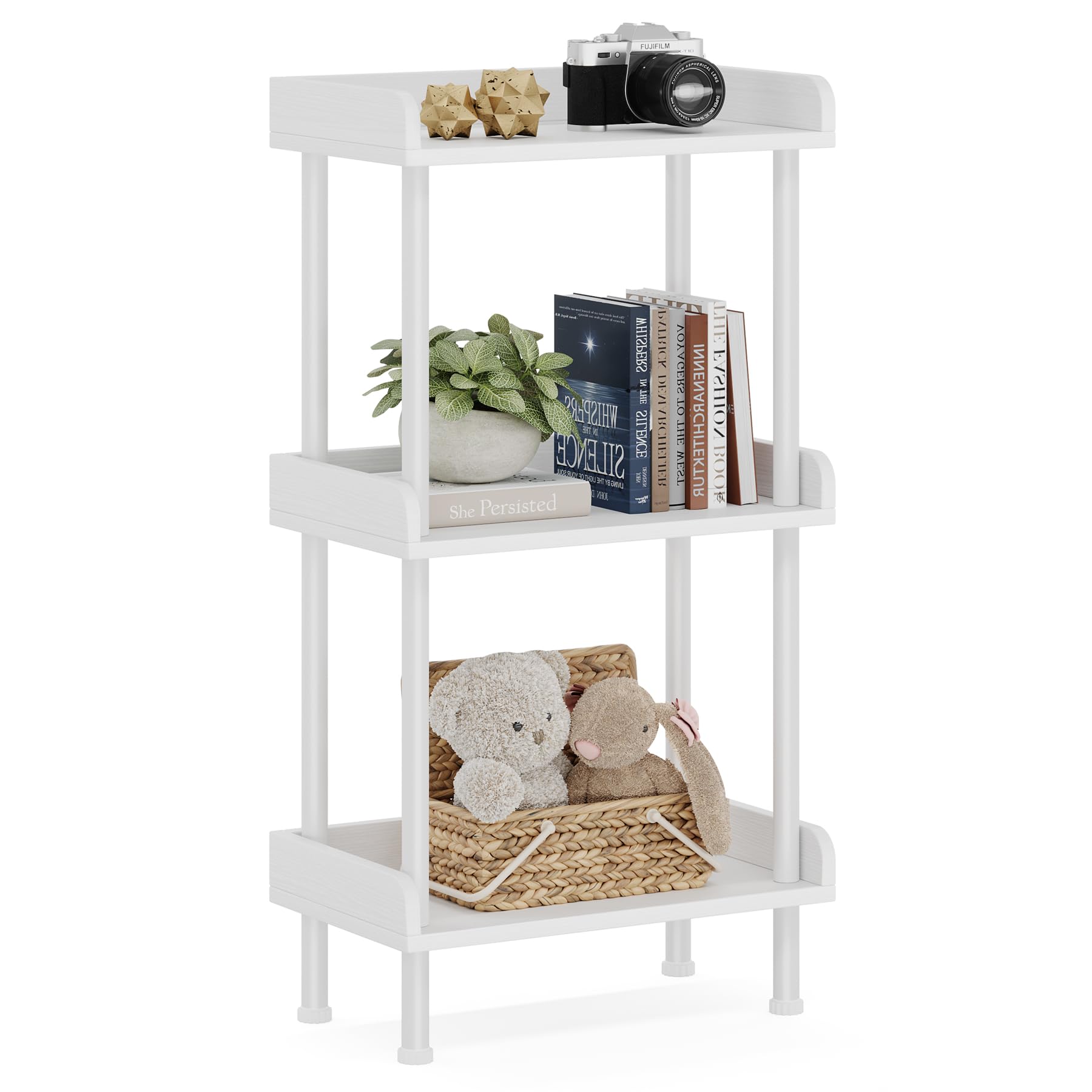 Bookshelf Small Book Shelf - 3-Tier Wood Bookcase Industrial Bookshelf with Edge Protection Metal Standing Book Shelves Display Book Rack for Living Room Bedroom Home Office (White)