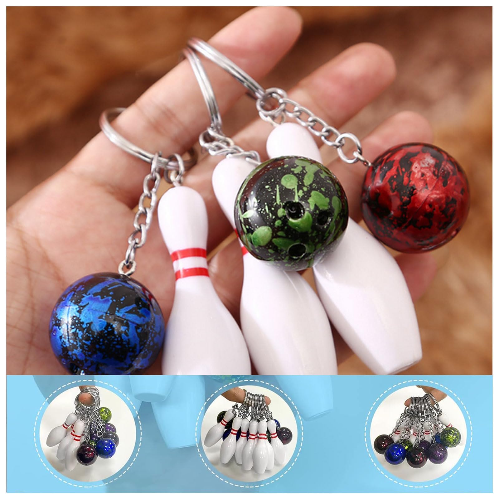 thumbnail: Bowling Sleutelhanger Set - 12 Stuks Mini Bowling Pin Sleutelhangers In 6 Kleuren, Van Metaal En Plastic