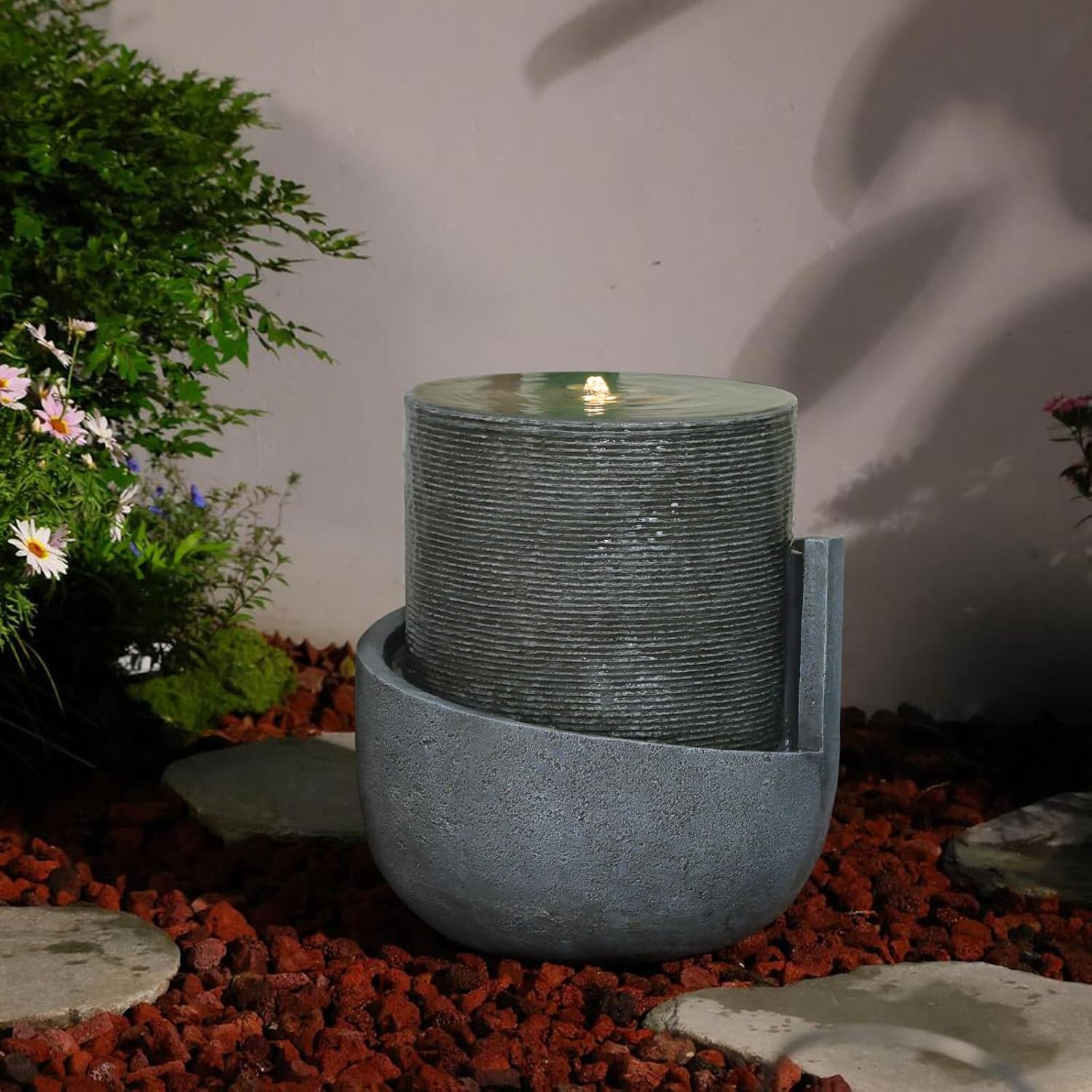Sunlinua Small Modern Outdoor Water Fountain with Led Lights Tiered Cascading Waterfall Feature with Quiet Pump Floor Water Fountain for Patio Garden Backyard Decking Home and Indoor Décor Gray