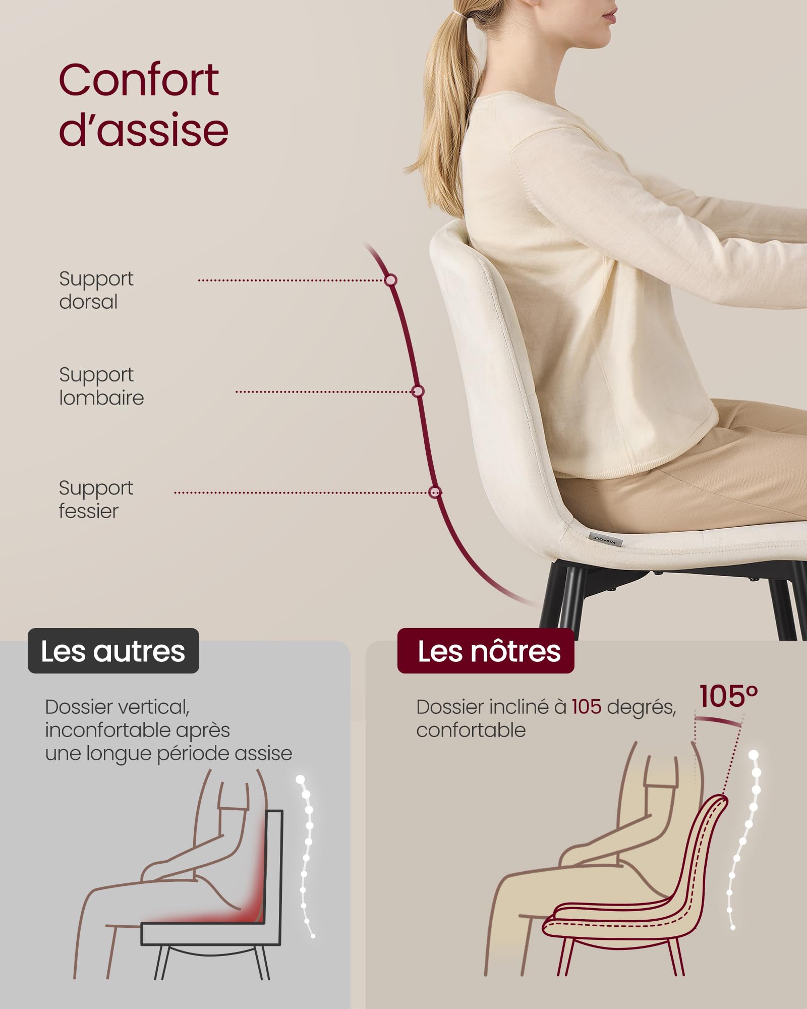 VASAGLE Chaises de Salle à Manger en Velours, Supporte 120 kg Chacune, Chaises de Cuisine avec Pieds Réglables, Style Moderne, Rembourrées, pour Salon, Lot de 4, Beige Cappuccino KDC080LH01
