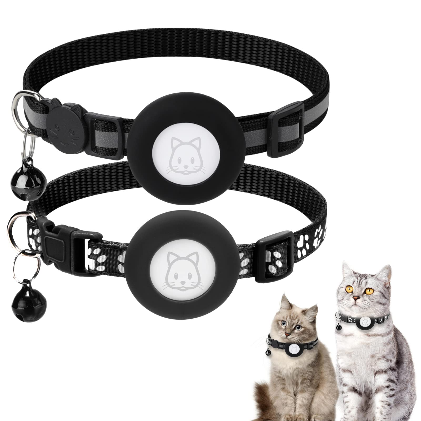 2Pack Airtag Cat Collar, Reflective Air Tag Cat Collars with Safety Buckle and Removable Bell, Cat Collar with Waterproof Airtag Holder Compatible with Apple Airtag Small Pet Collar
