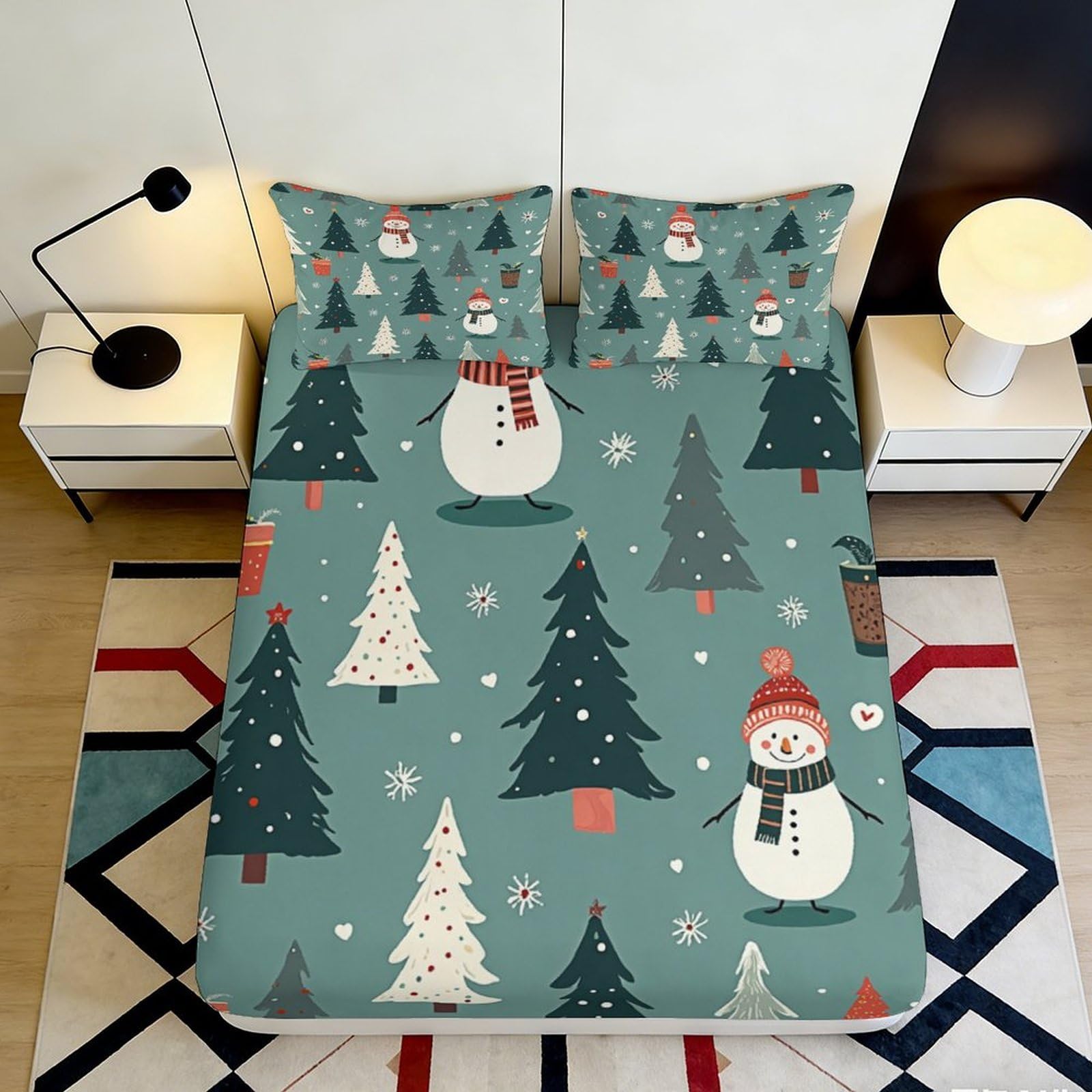 3D Printed Christmas Snowman Fitted Sheet Microfiber Winter Pine Tree Bed Cover for Bedroom Guest Room Decor 90x200x25cm