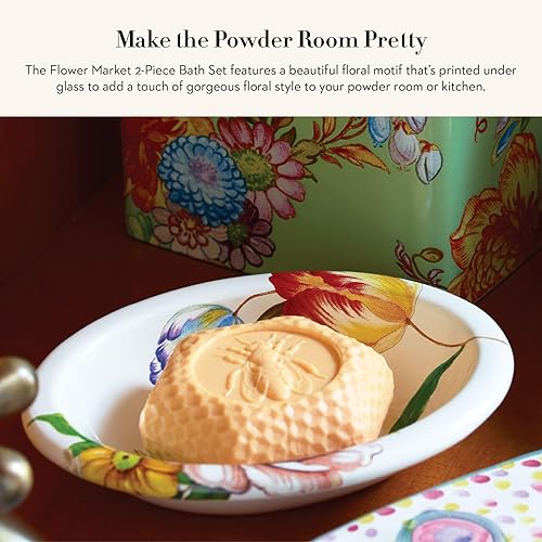 Miniatura 2 de MACKENZIE-CHILDS Flower Market - Juego de basureros esmaltados y cubierta cuadrada de pañuelos, accesorios florales decorativos para baño o