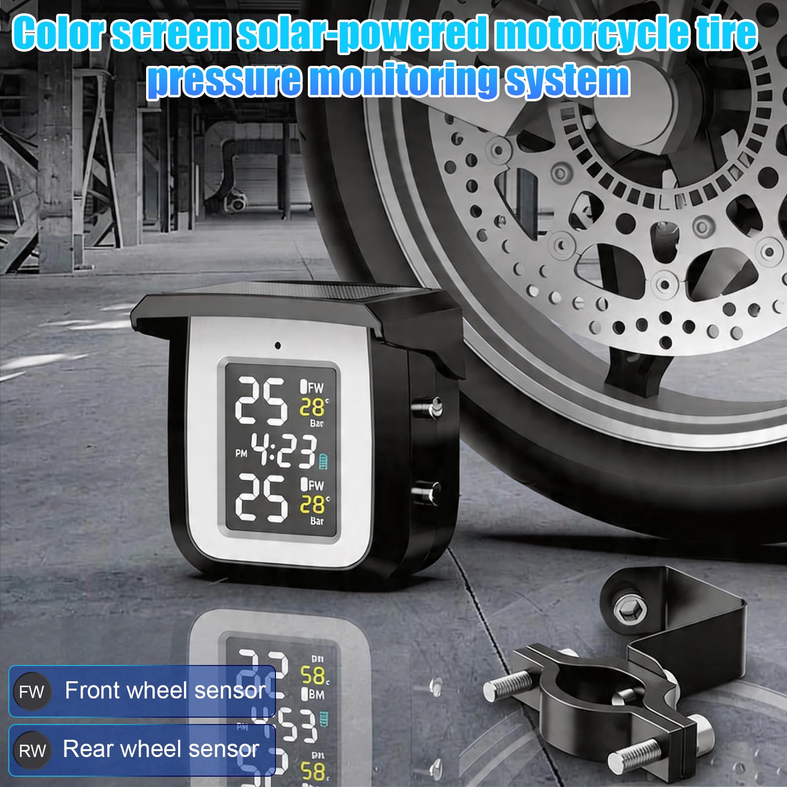 Sistema de control de presión de neumáticos para motocicleta, TPMS inalámbrico, cargador solar y USB, IP65 impermeable, apagado automático y despertar, 2 sensores de presión de neumáticos