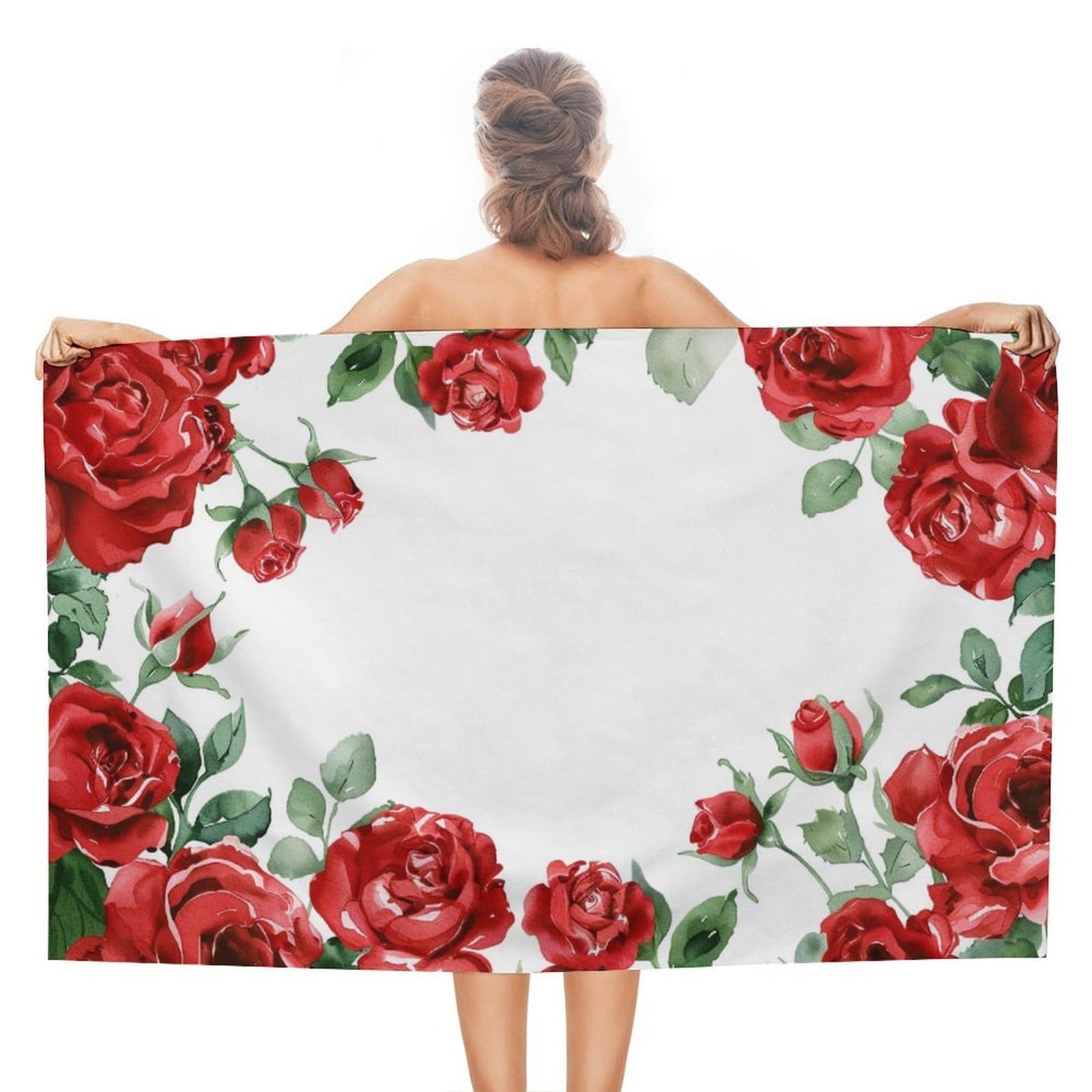 asbwuo Watercolor Red Rose Floral Green Leaves Beach Towel