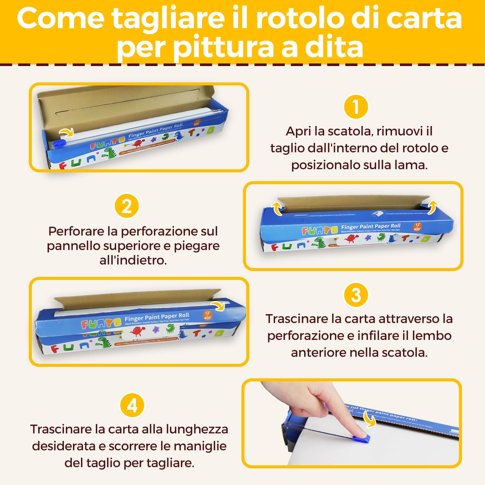 Funto Rotolo di carta per pittura con le dita, 12''x400'', senza dimensioni, bianco, carta da pittura grande per bambini piccoli, carta artistica per bambini, carta per dipingere, facile da tagliare
