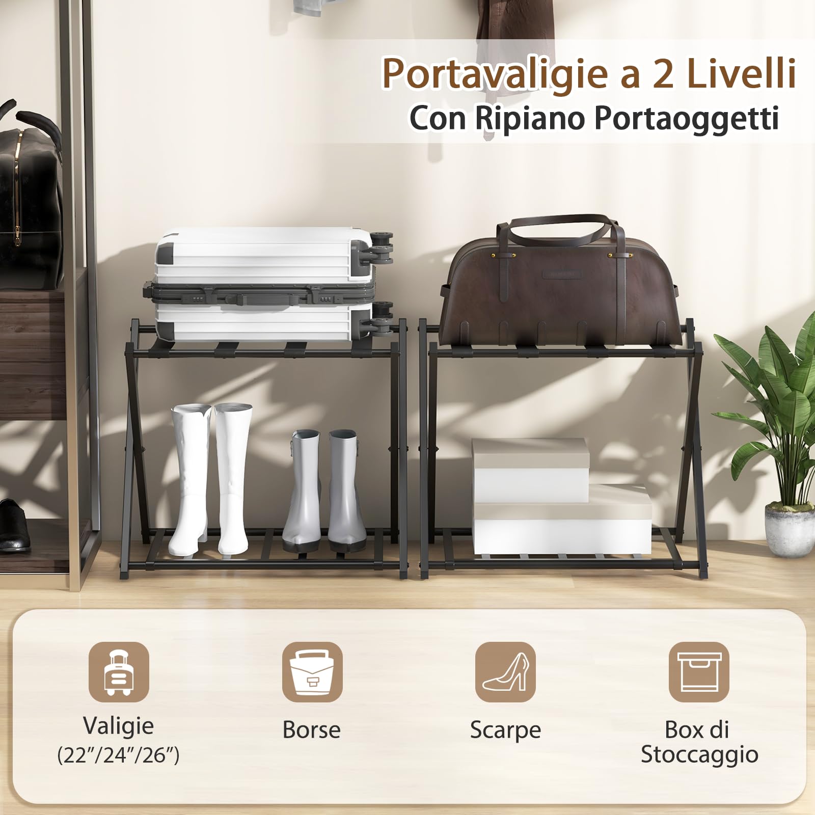 SOARS Portavaligie Pieghevole in Metallo 2 Pezzi 68x45x57 cm Cavalletto Reggivaligie Multiuso con 2 Ripiani Portata 80 kg Nero