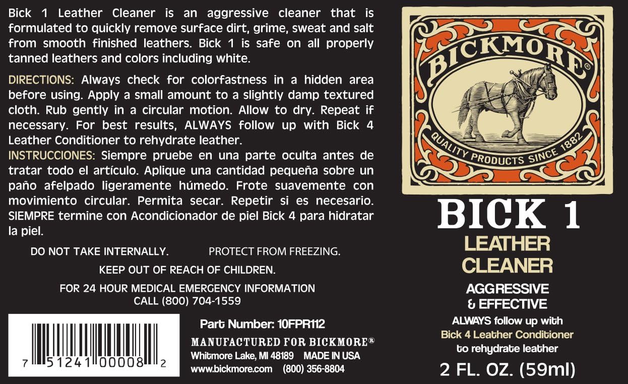 Bick 1 Leather Cleaner 2 oz - Clean Dirt, Oil, Sweat, Salt, and Water Stains from All Colored, White, and Black Leather 2 Bick 1 Leather Cleaner 2 oz - Clean Dirt, Oil, Sweat, Salt, and Water Stains from All Colored, White, and Black Leather