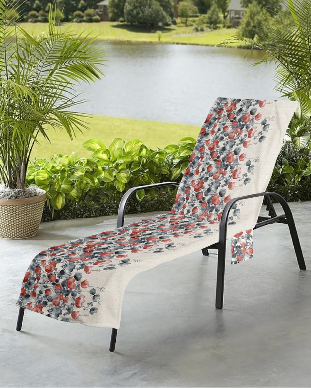 Flower Leaves Beach Chair Towel Covers for Chaise Lounge With Side Pocket, Soft Plush Pool Towels Cover for Patio Sunbathing Outdoor 29''x85'' Red Black Watercolor Botanical Plant