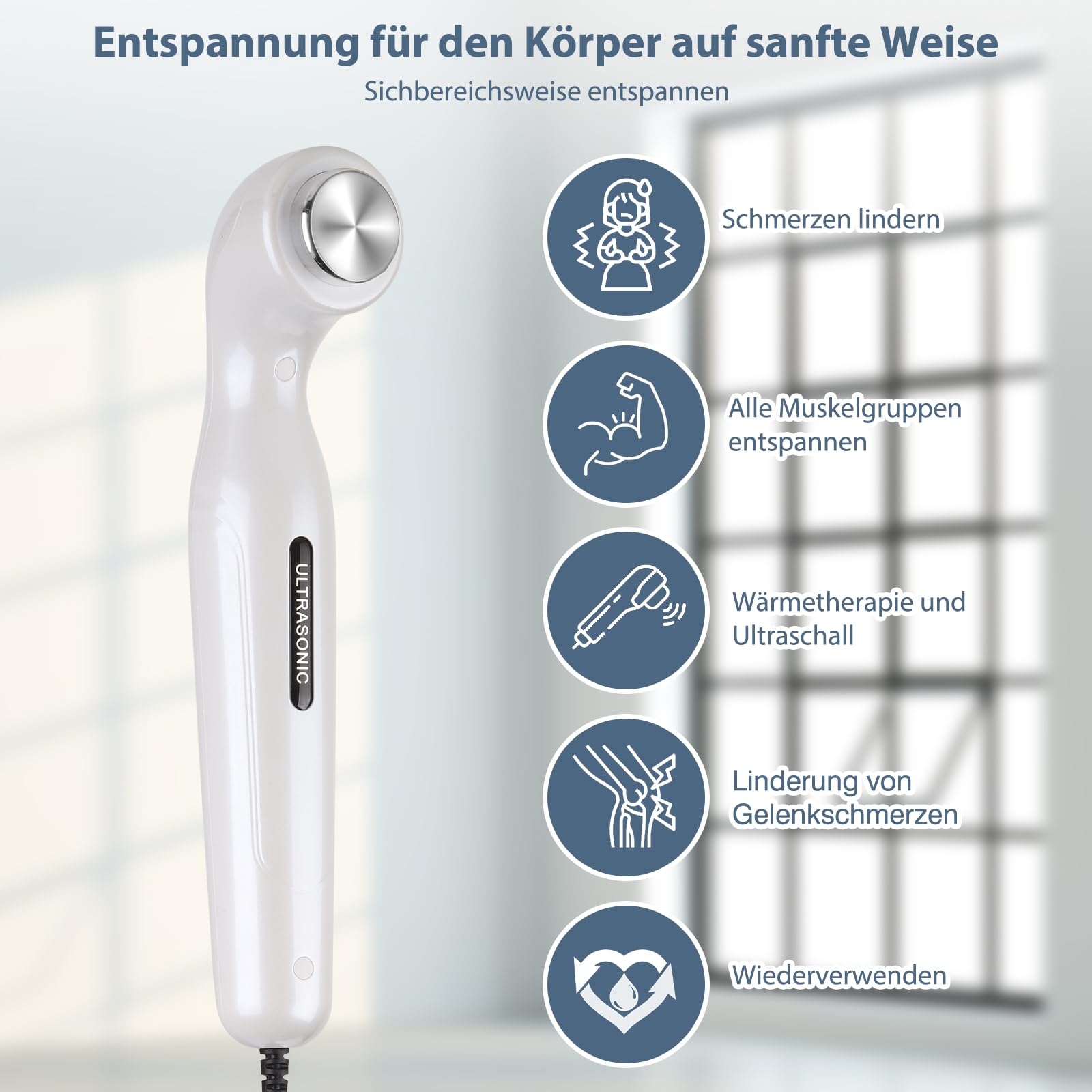Tragbares Ultraschallgerät für Schmerztherapie & Arthrose - Ultraschall - Massagegerät für Zuhause mit CPU-Steuerung gegen Gelenk, Muskel & Rückenschmerzen (inkl. Adapter & Kopplungsgel)