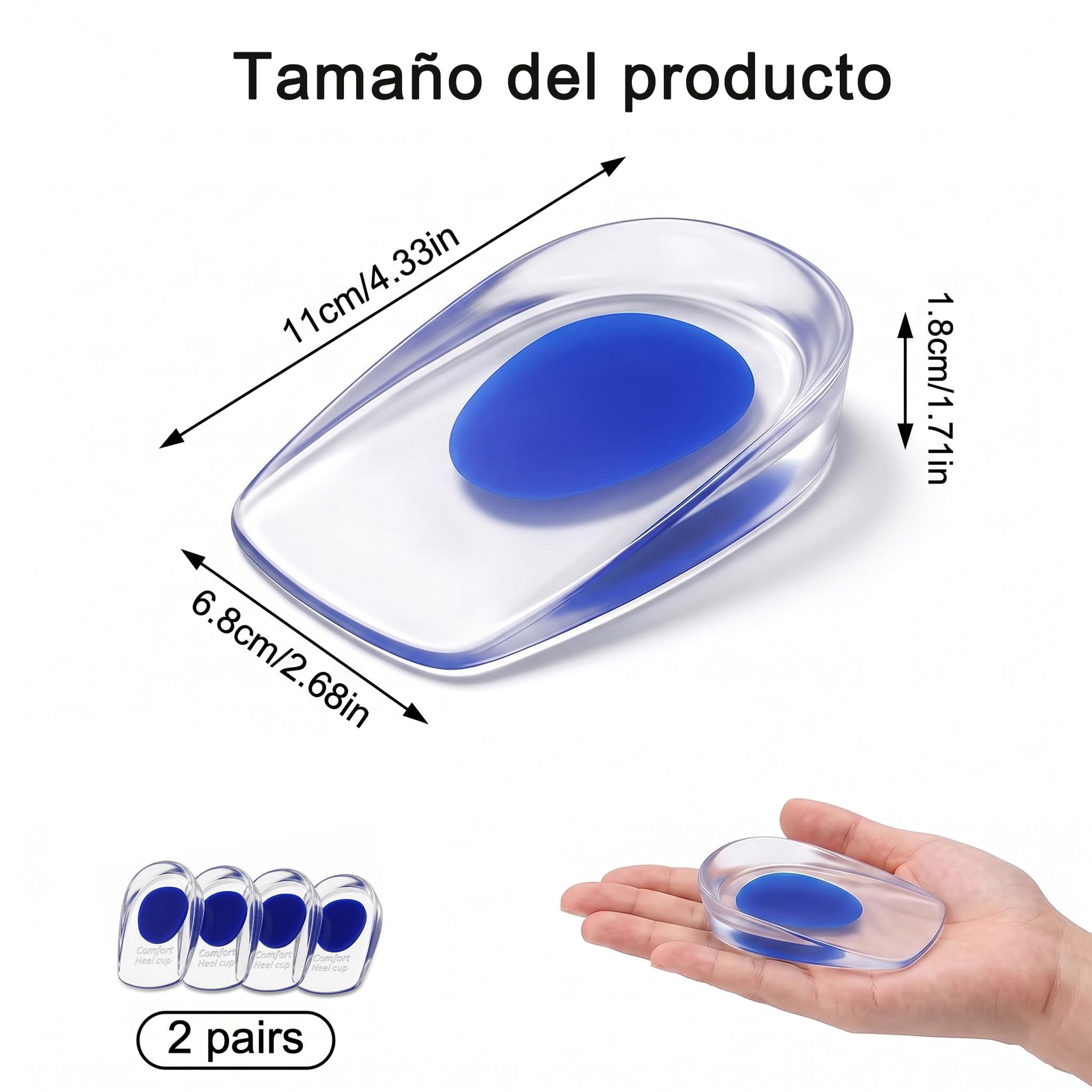 2 Pares Taloneras Silicona PU, Plantillas de Gel para Talón, Anti-Dolor para Fascitis Plantar y Espolones Calcáneos, Reducen Presión e Impacto, Tamaño 39-45 (Azul)