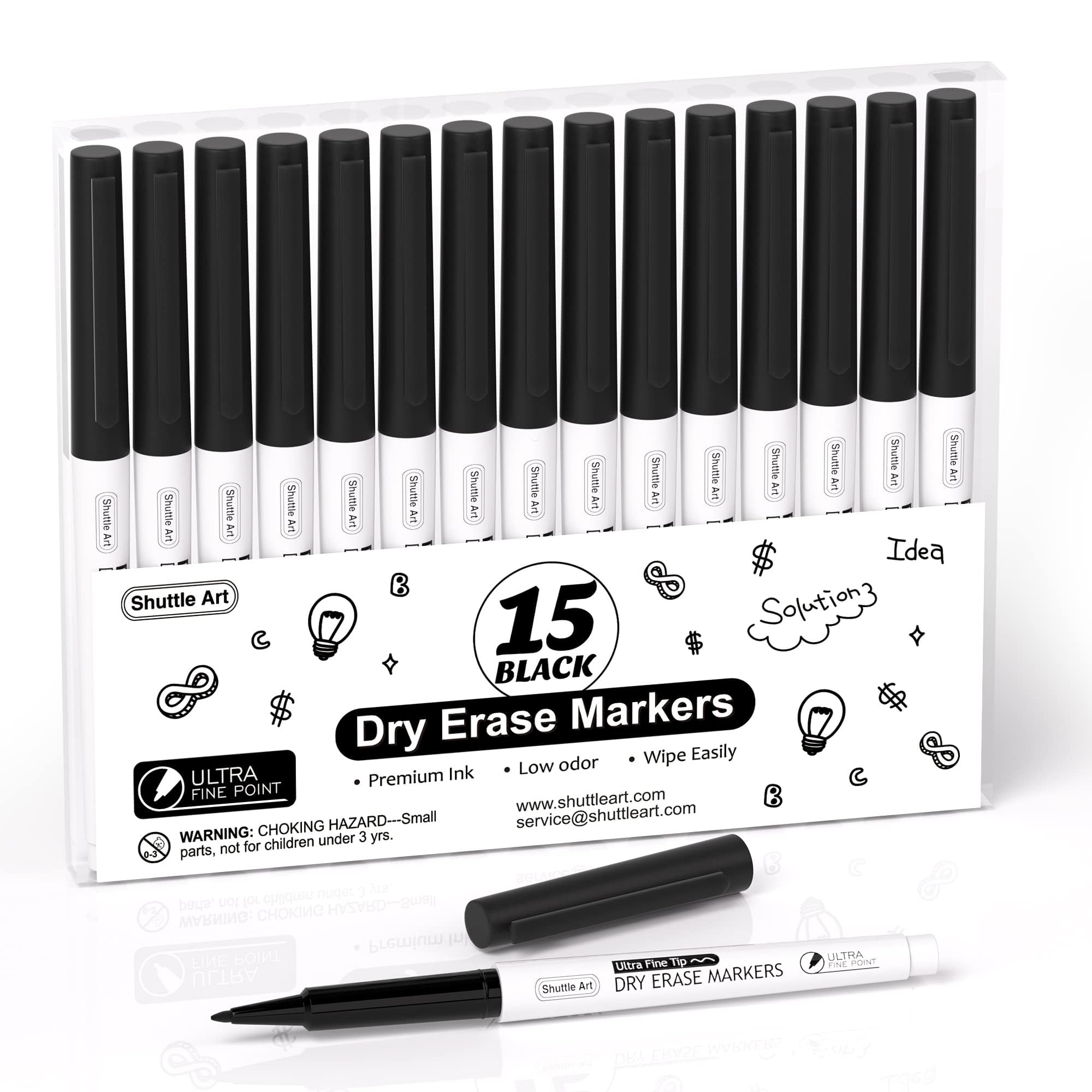 Shuttle Art 15 Rotulador Pizarra Blanca Magnetica Negro Punta Ultrafina, Rotuladores Pizarra Blanca Negro Niños y Adultos, Whiteboard Marker con Borrador, Rotuladores Borrables para Escuelas, Trabajar