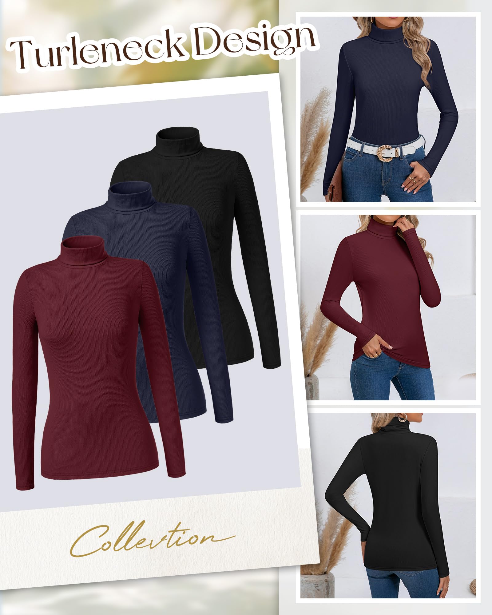 Ficerd Lot de 3 Hauts Col Roulé Thermique Femme à Manches Longues Côtelé Élastique Ajusté Léger T-Shirt de Base