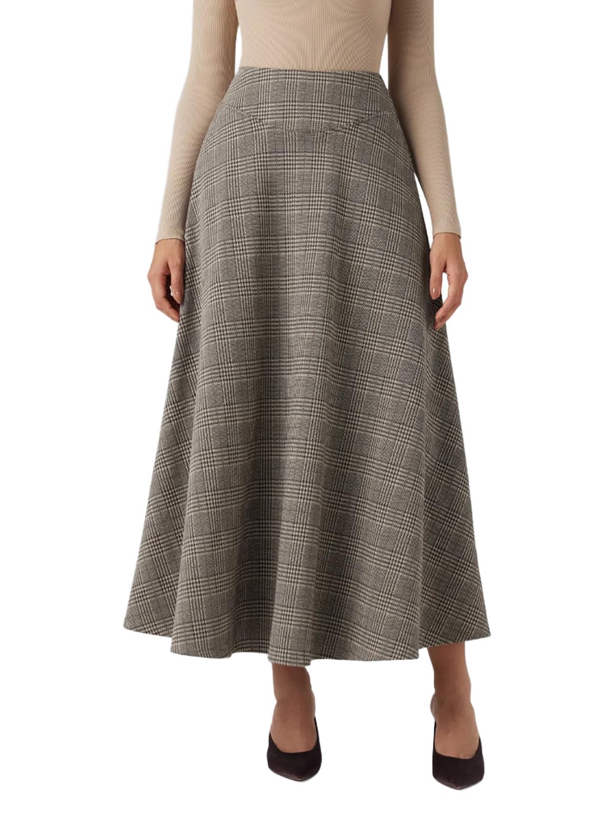 CHARTOU Womens Plaid High Waisted A-Line Midi Skirt Elegant Wool Blend Checkered Flared Skirt with Pockets