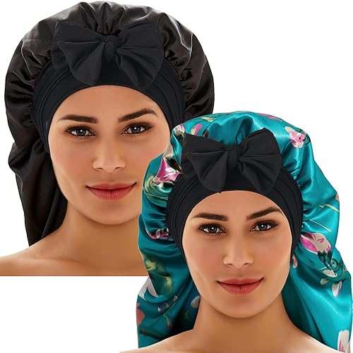 Miniatura 10 de 2 gorros de seda para dormir, gorro trenzado de satén con banda de corbata, gorro de dormir para mujeres y hombres, trenzas de cabello largo y