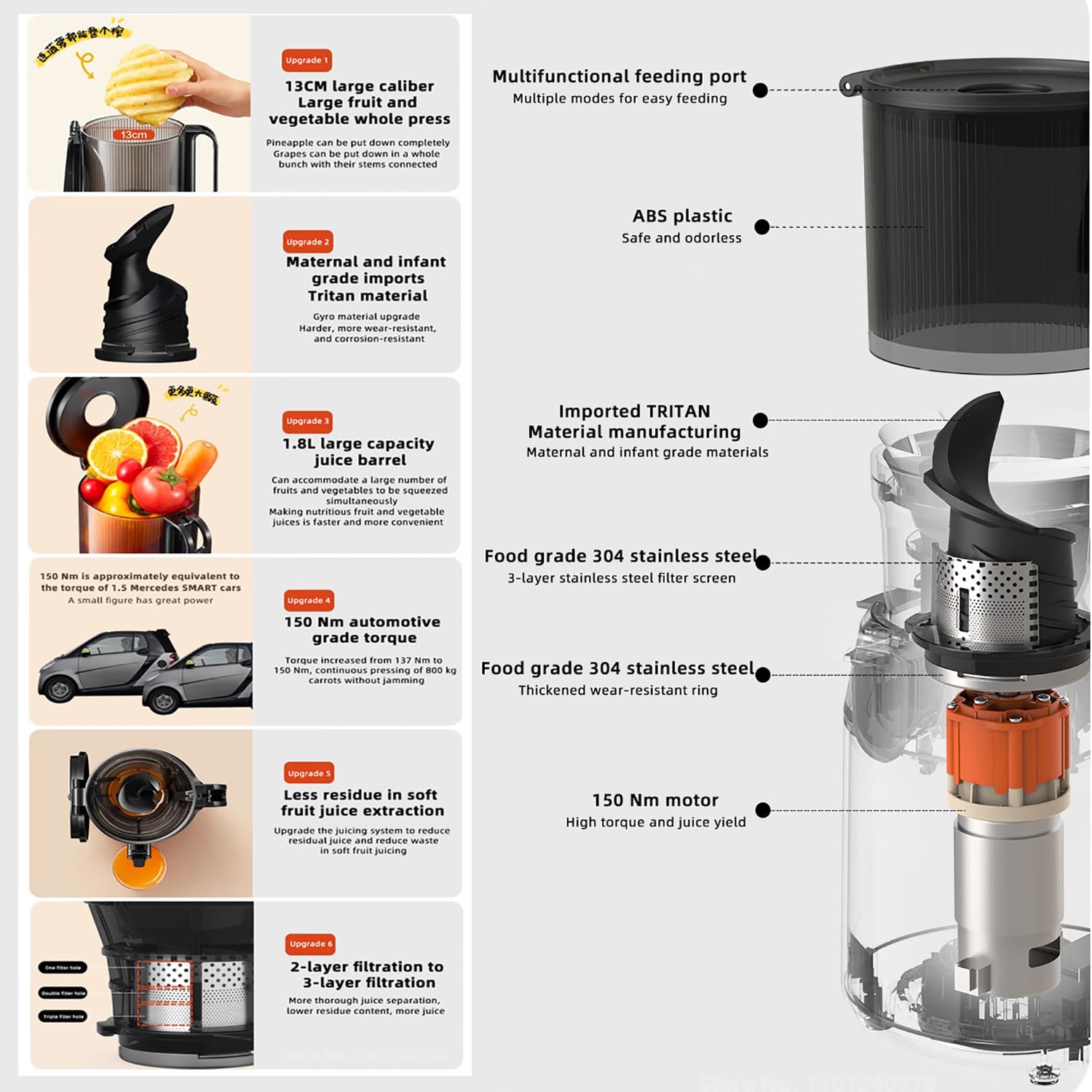 Exprimidor lento profesional de 300 W, máquinas exprimidoras, exprimidor masticador de prensa en frío con conducto de alimentación de 13 cm, exprimidor portátil de separación de orujo, exprimidor de