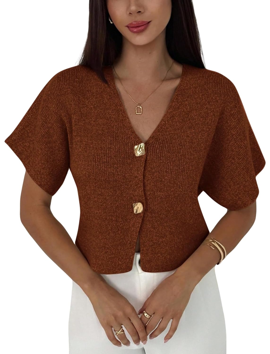 ZAFUL Womens Short Sleeve Office Spring Fall Winter Cardigan Sweater Button Down V Neck Slim Fit Knit Tops