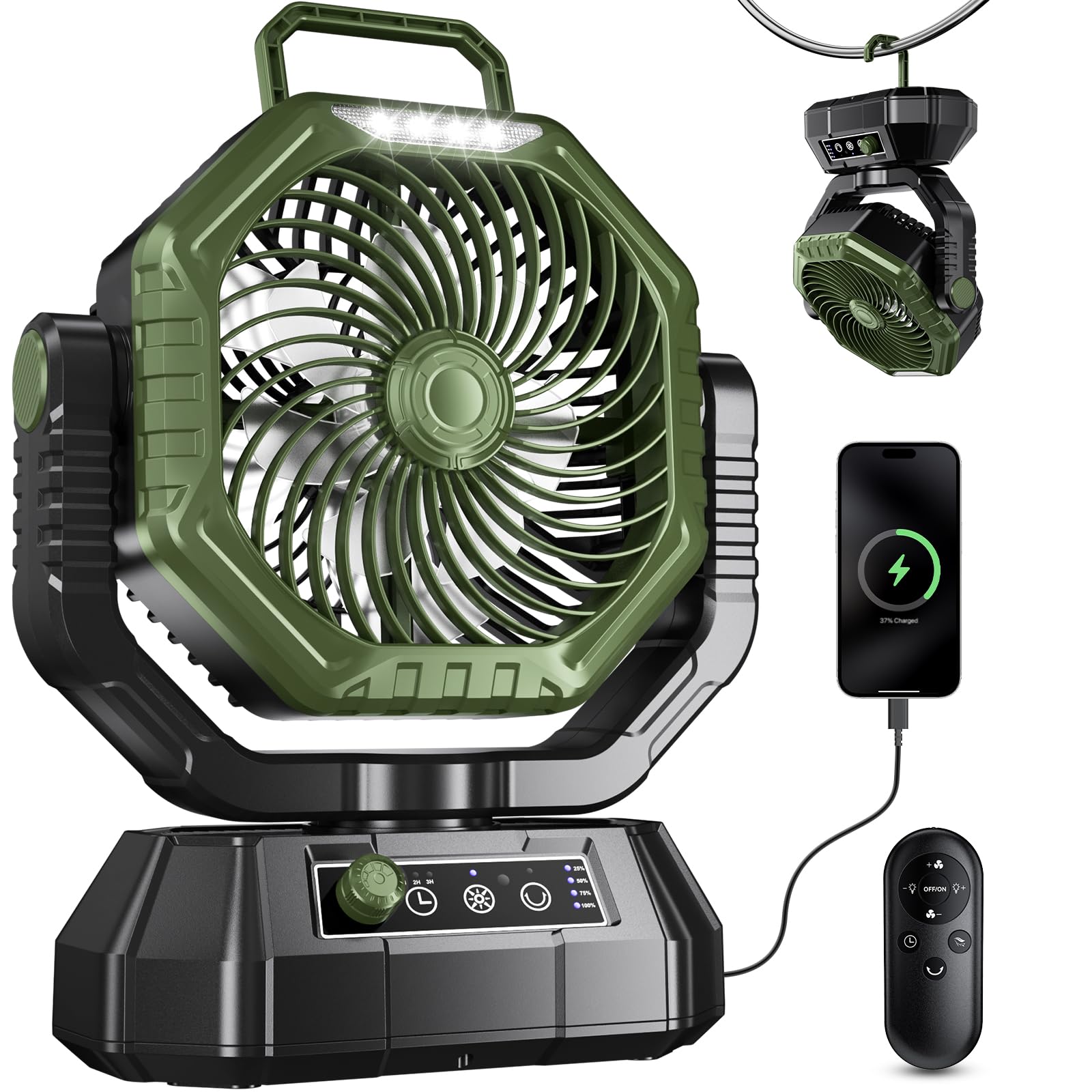 Ventilatore da Campeggio con Lanterna a LED, 20000 mAh Ventilatore da Tavolo con Telecomando e Gancio, Rotazione di 270°, Velocità Continua, Modalità Timer, per Tenda da Interno ed Esterno（Verde）