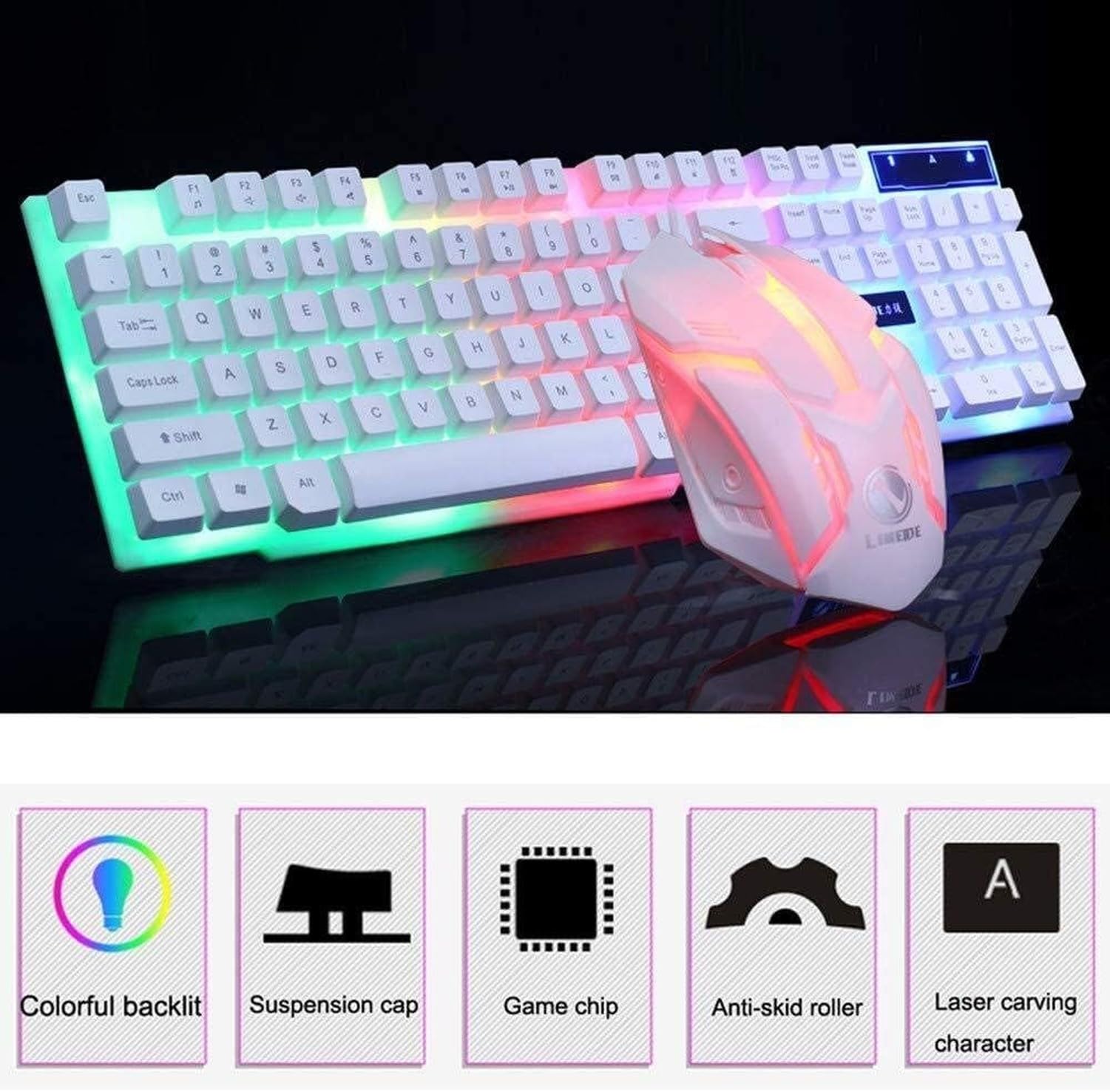 Zestaw Klawiatura i Mysz USB Podświetlane LED Dla Graczy Kolorowa Iluminacja Rainbow PC