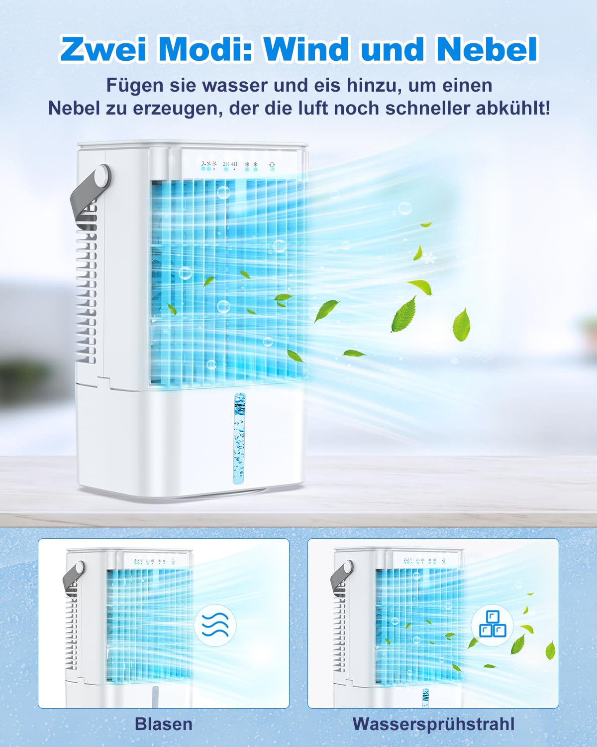RenFox Mobiler Klimaanlage 4 in 1 Energiesparender Mini Luftkühler mit großem wassertank (1200 ml), 3 Stufen Verdunstungskühlung, 7 Farb LED, Timer und geräuscharm für Home Office und Schlafzimmer