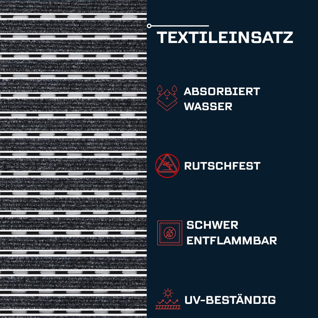 Aluminium-Fußmatte für Türen mit Rahmen 100x50 cm, verstärkt 17 mm, Textil, objektgeeignete Eingangsmatte für Innen, trocknend, Rips Anthrazit, rutschfest