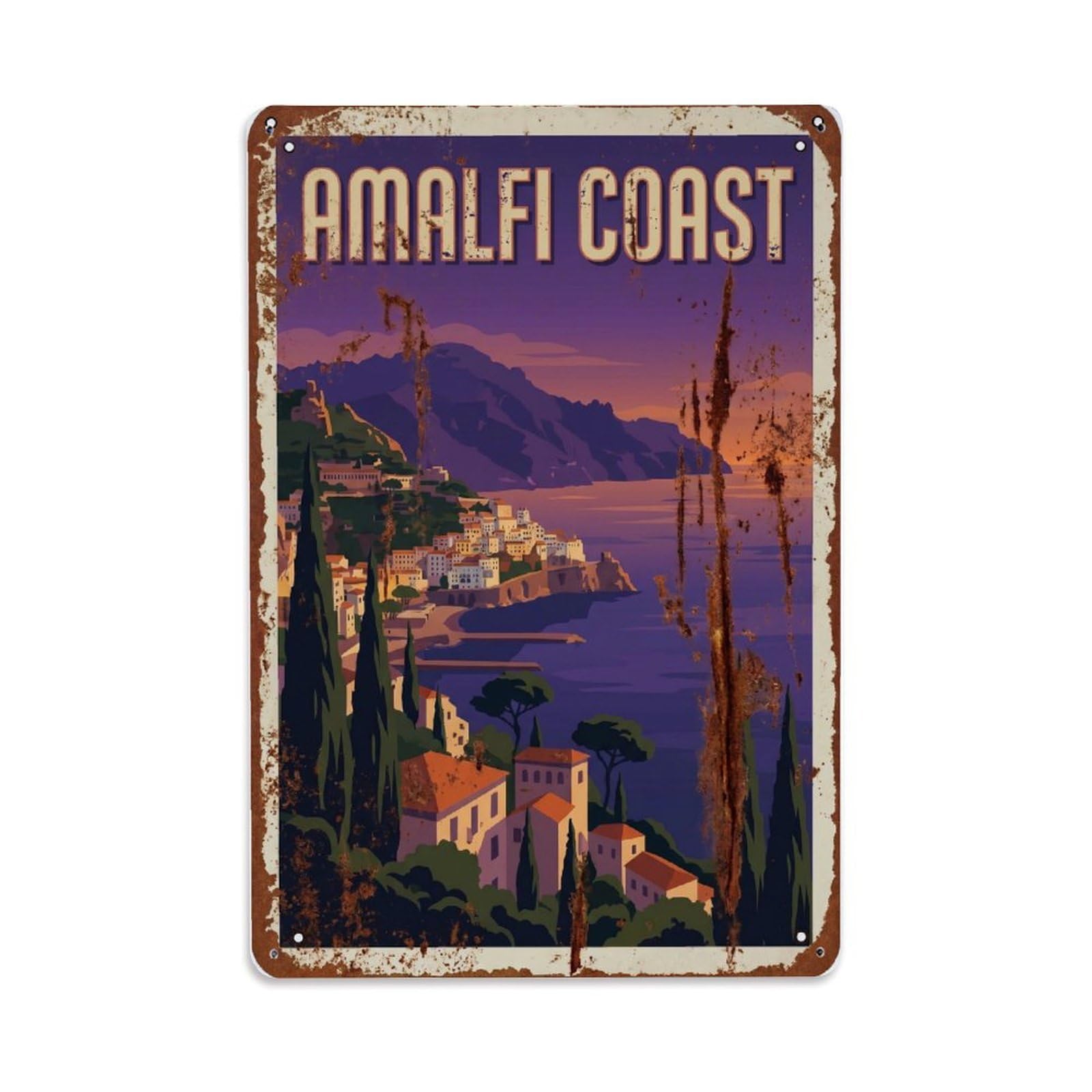 Vintage Travel Twilight Italy Coastal Metal Tin Sign Plaque Wall Decor for Cafe, Club Bar, Office, Home Garden Metal Poster 8x12Inch