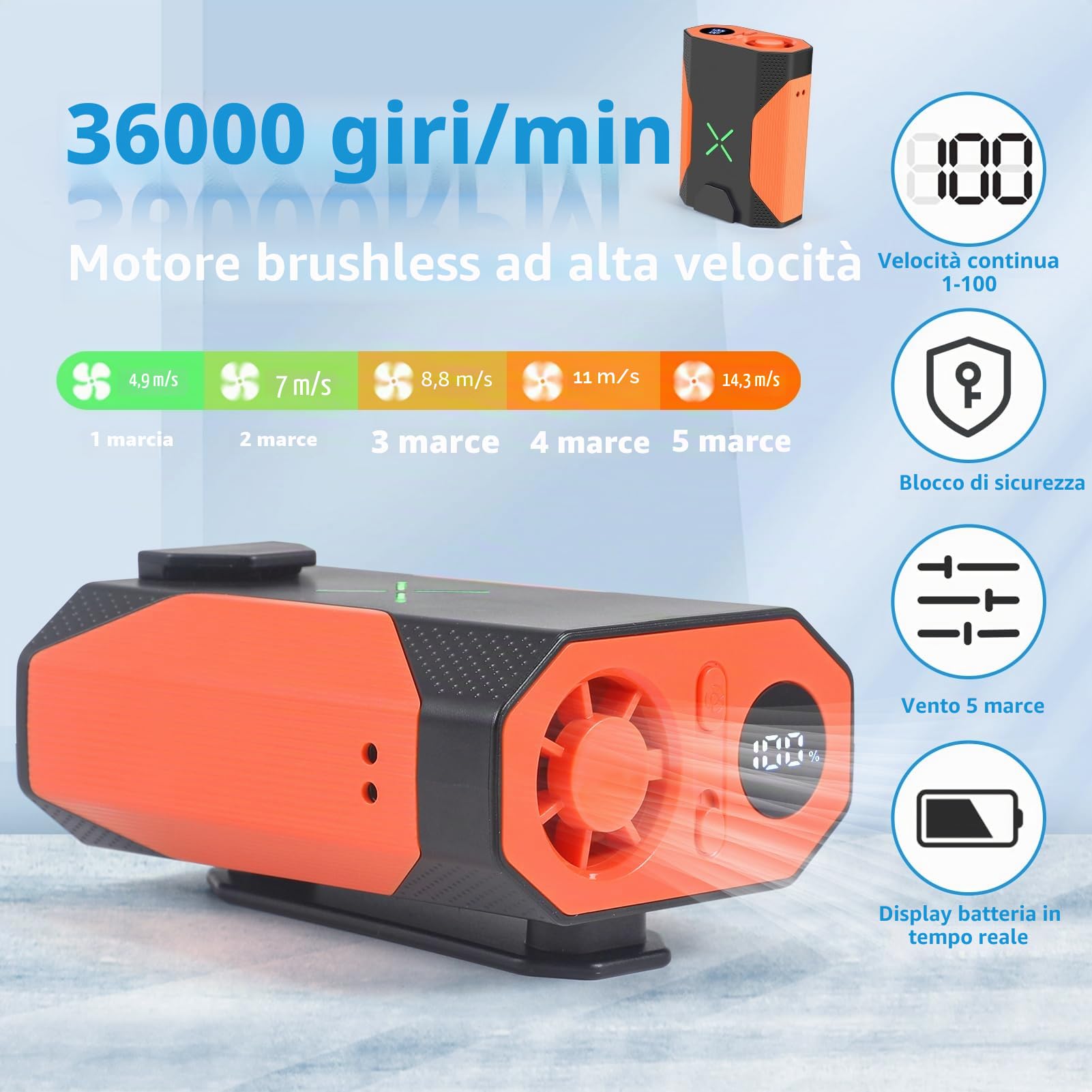 Uplayteck Ventilatore ‌da Cintura, 100 Velocità Regolabili, 165g Progettazione Superleggera, 36.000 RPM ‌Rotazione Ultraveloce, Pratico da Portare, Adatto al Lavoro all'aperto (Arancione)
