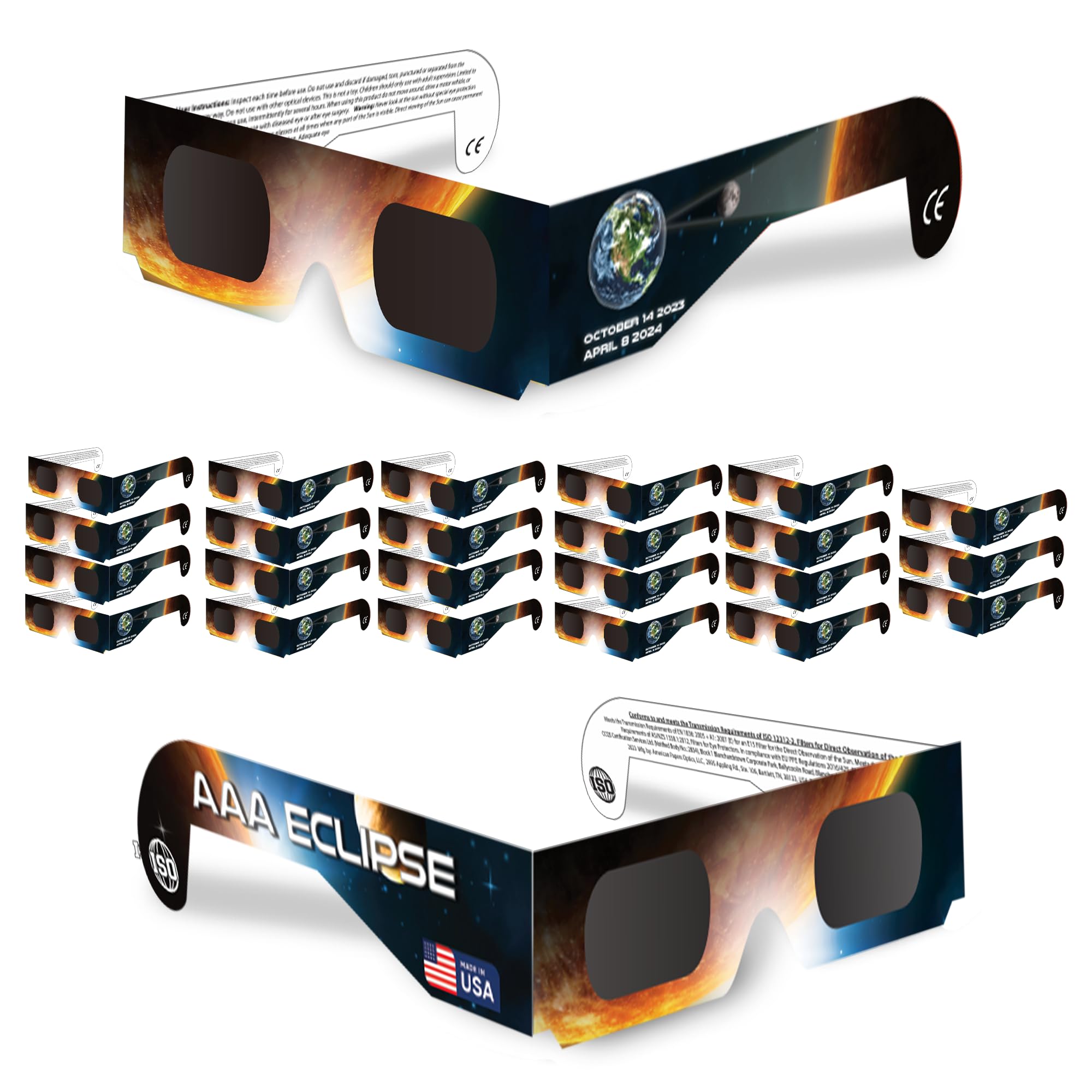 [25 PACK Solar Eclipse Glasses NASA Approved 2024 - Made in USA - ISO Certified 12312-2 & CE Certfied Direct Solar Eclipse Viewing Glasses