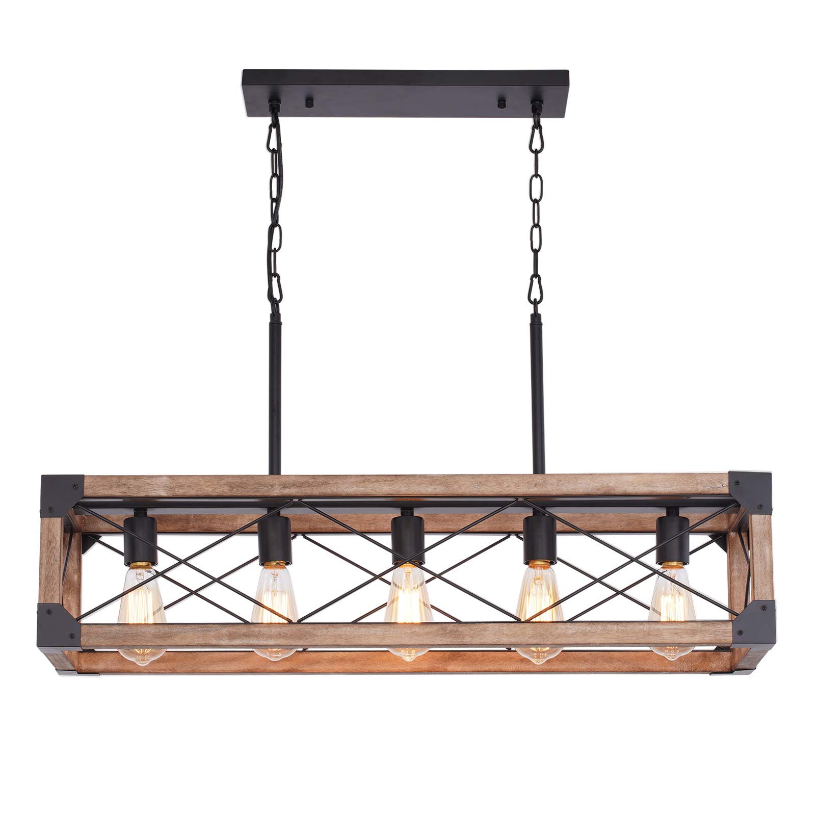 Bribyit Kitchen Island Lighting, 33.5-Inch 5 Lights Farmhouse Linear Chandelier for Dining Room Pool Table Pendant Light Fixture, Rustic Wood Grain Finish, Industrial Pendant Light