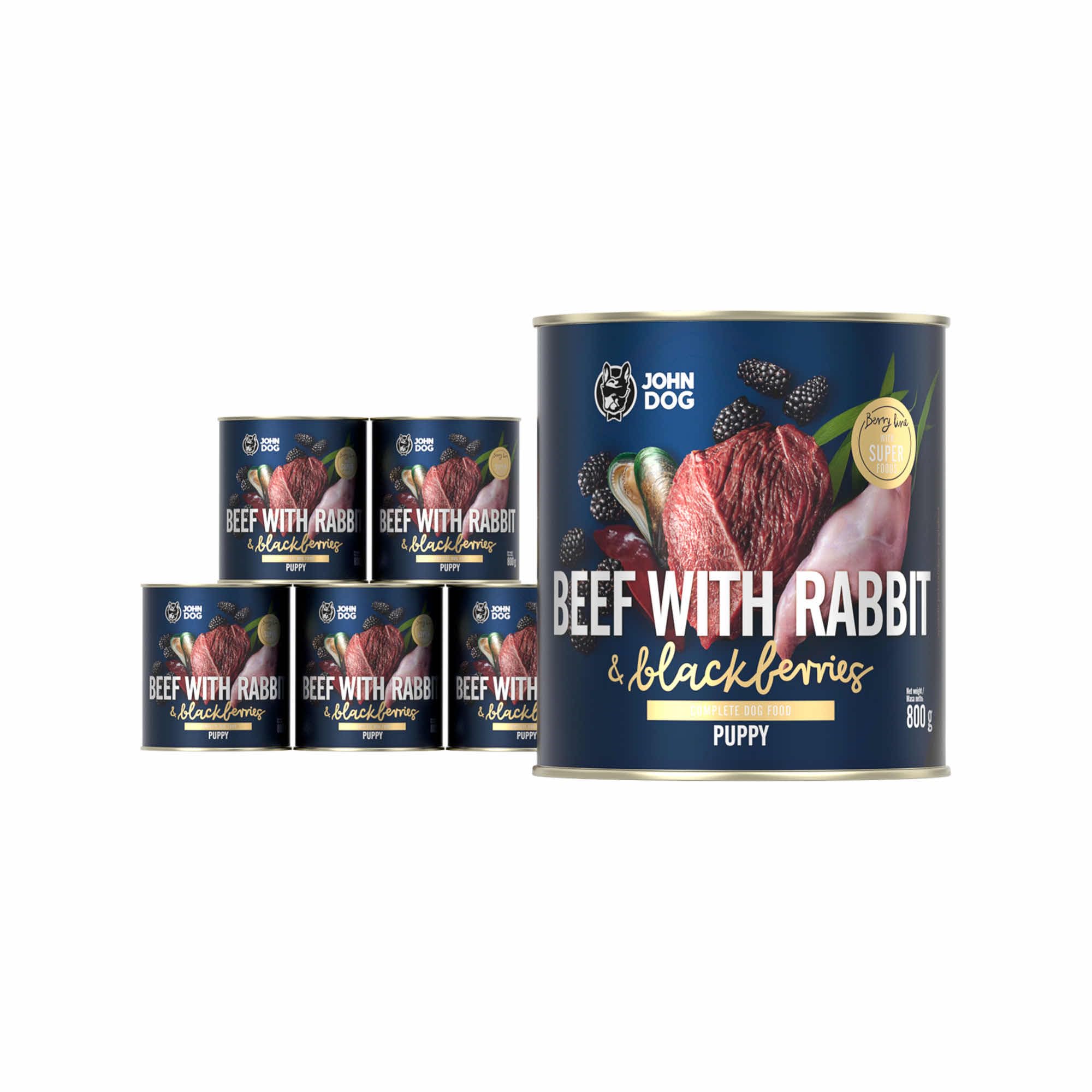 JOHN DOG Comida húmeda Berry Line Junior para Carne de Vacuno con Conejo y moras, 6 x 800 g, sin Cereales, con 96% de Carne y despojos con Caldo, para Cachorros de Todas Las Razas