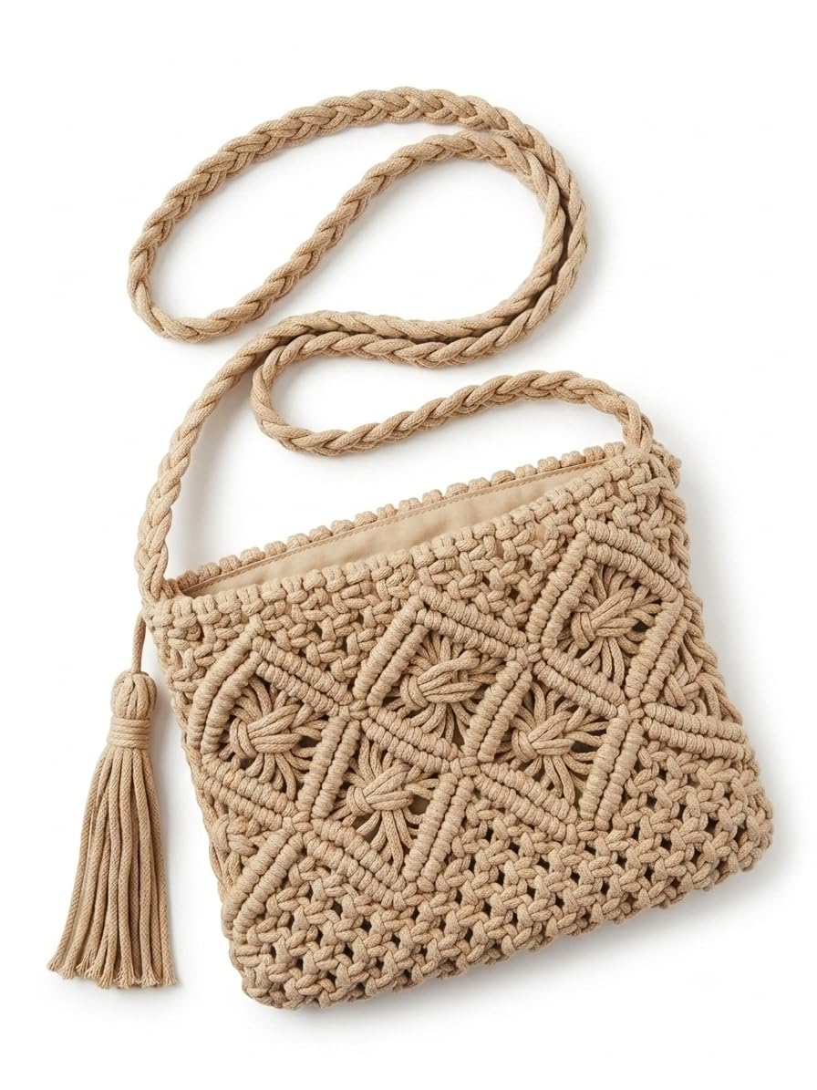 Handmade Macrame Sling Bag for Women, Cotton Woven Shoulder Bag with Braided Strap and Tassel, Boho Crossbody Purse, Handmade Crochet Handbag for Travel, Casual & Daily Use (Beige)-image-40