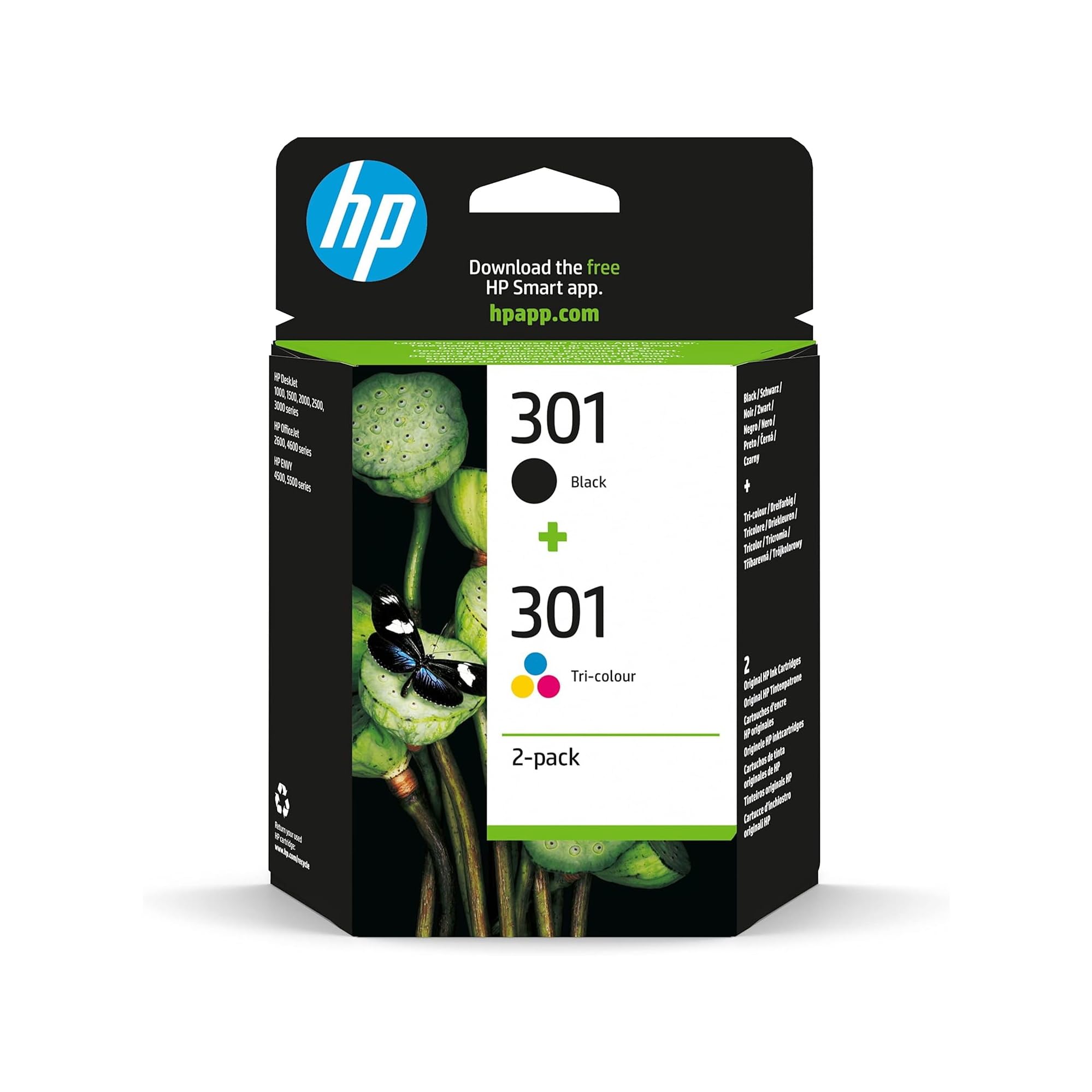 HP 301 N9J72AE, Pack de 2, Cartuchos de Tinta Originales Negro y Tricolor, Compatible con Impresoras de Inyección de Tinta HP DeskJet 1050, 2540, 3050, HP OfficeJet 2620, 4630, HP ENVY 4500, 5530 ECOLOGO