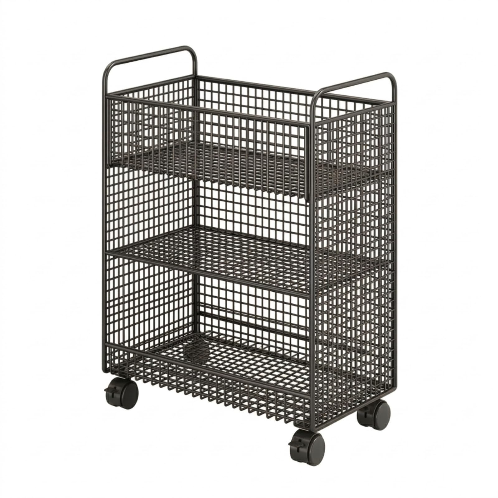 Mobile Libreria Carrello Scaffale Ripiano Cestino con Ruote in Ferro Struttura a Maglia Accesso Rapido Maniglie Laterali Salvaspazio Adatto per Camera, Nero, Tre Ripiani Con Ruote