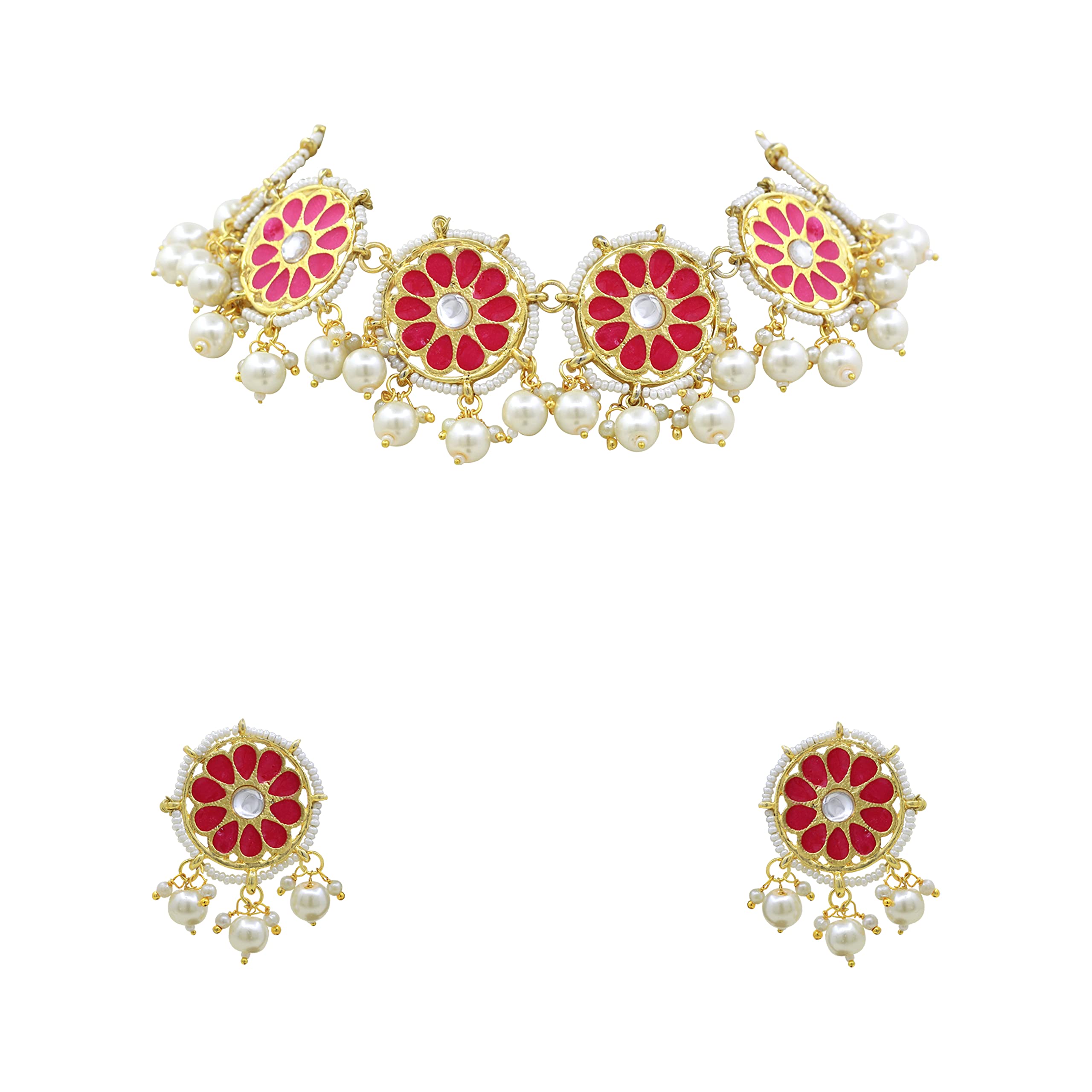 SAIYONI Pink Meenakari Work Ethnic Round Shape Kundan Stone & Pearl Choker Necklace With Earring Jewellery Set (B0B6J54NFL) Amazon Price History, Amazon Price Tracker