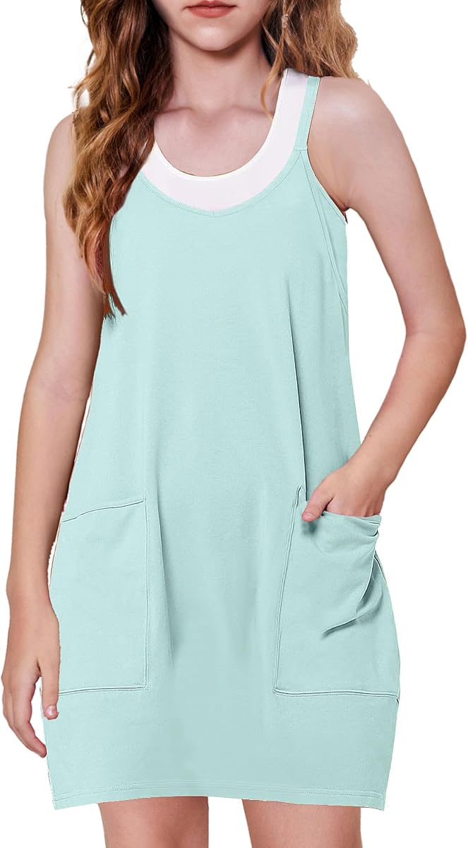 Arshiner Girls Dress with Shorts Casual Spaghetti Straps One Piece Romper | 5-15 Y, Kid Summer Dresses with Pockets, Adjustable straps, 2 in 1,Athletic, Jumpsuits, Overall, Stretch Fabric, Cotton Soft