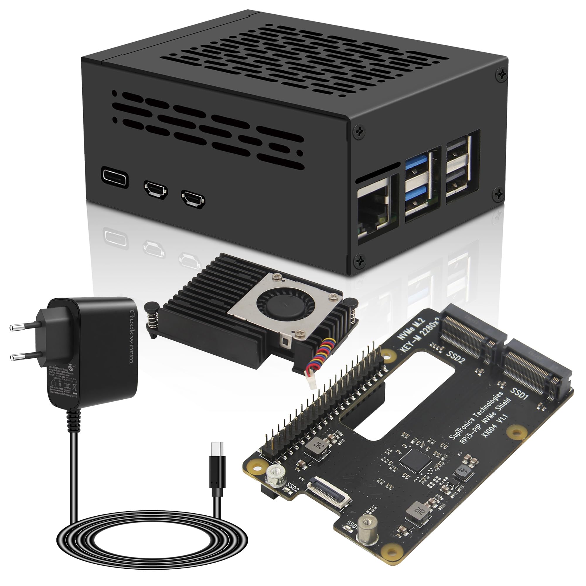 Geekworm X1004 PCIe to Dual M2 NVMe SSD 2280 Shield with Case, Active Cooler & Power Adapter for Raspberry Pi 5