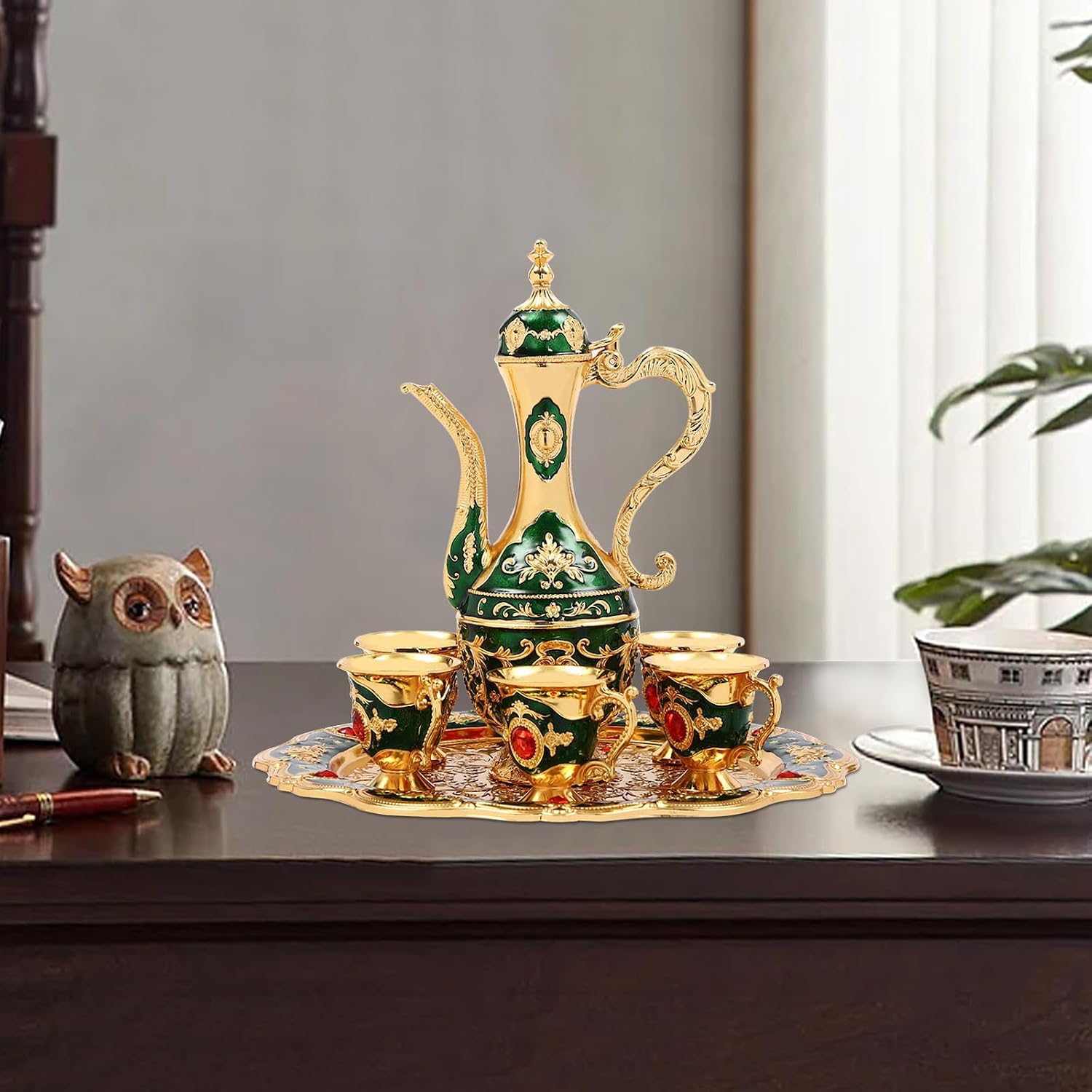Vintage Tea Set, Turkish Tea Set, Vintage Turkish Coffee Set with Pot and 6 Cups, Tea Service Set Including Teapot,Cups,Tea Tray, for Living Room, Dining Room, Bedroom, Coffee Shop (Green)