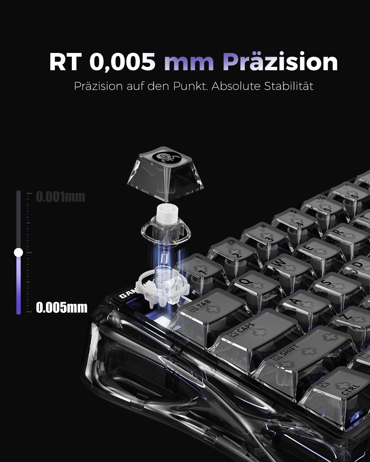 GravaStar Mercury V60 Magnetische Gaming Tastatur, QWERTZ Layout, 8000Hz Polling Rate, Rapid Trigger Hall Effect Switches, 0.005mm Präzision, Hot-Swap, RGB, Kabelgebunden - Onyx Crystal