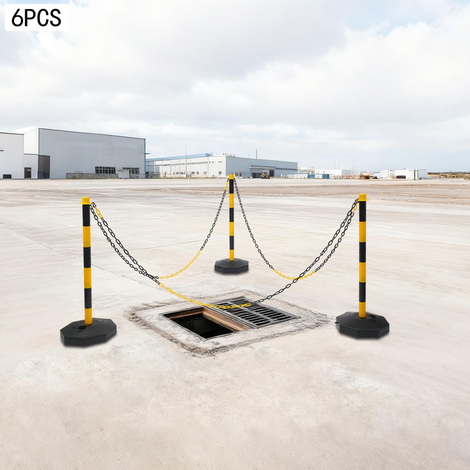 Poteau Signalisation Lot 6 Base Remplissable Chaînes 2m Chantier Parking | Lot 6 poteaux signalisation jaune/noir, bases remplissables, 5 chaînes 2m, crochets S, hauteur réglable, parking chantier