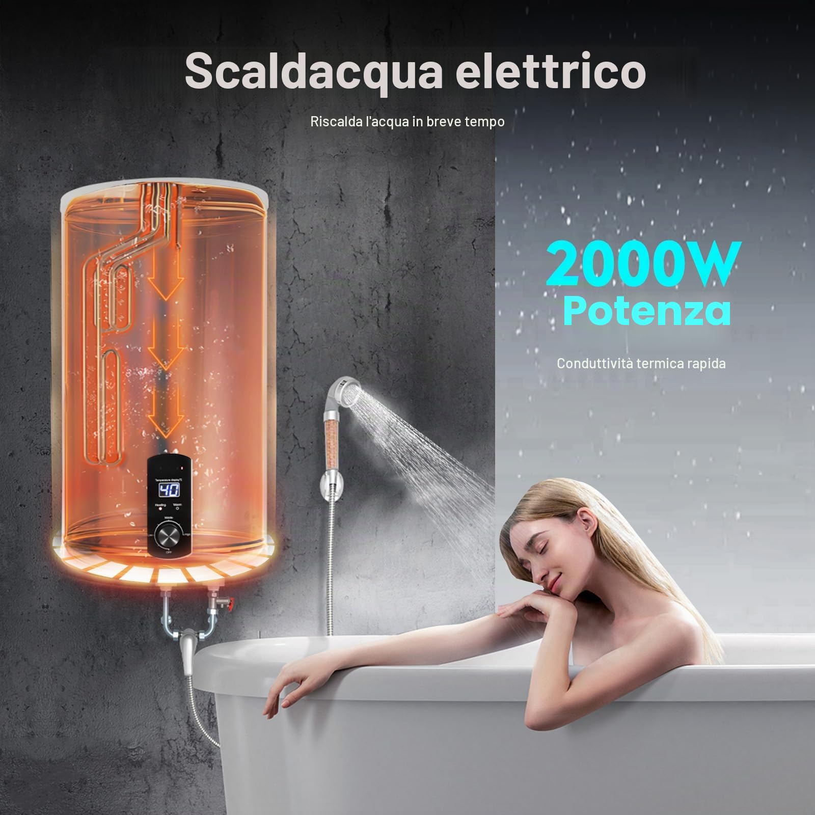 Scaldabagno Elettrico 35/50/60/70 Litri, Boiler Elettrico da Parete 2000W, Max. Temp 75°C, 220V, Verticale, Serbatoio in Acciaio Smaltato, Scaldacqua Elettrico Bagno e Doccia (70 Litri)