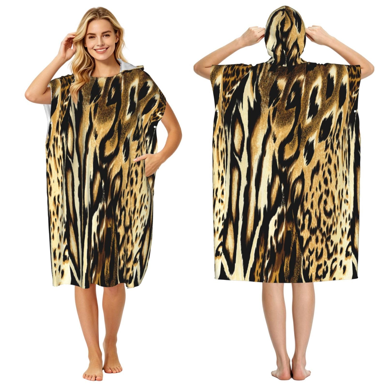 Poadnly Leopard Lion Tiger Skin Fur Brindle, Adult Hooded Beach Towel 90 x 110 cm,Changing Bath Robe, Surf Poncho Towel For Women Men