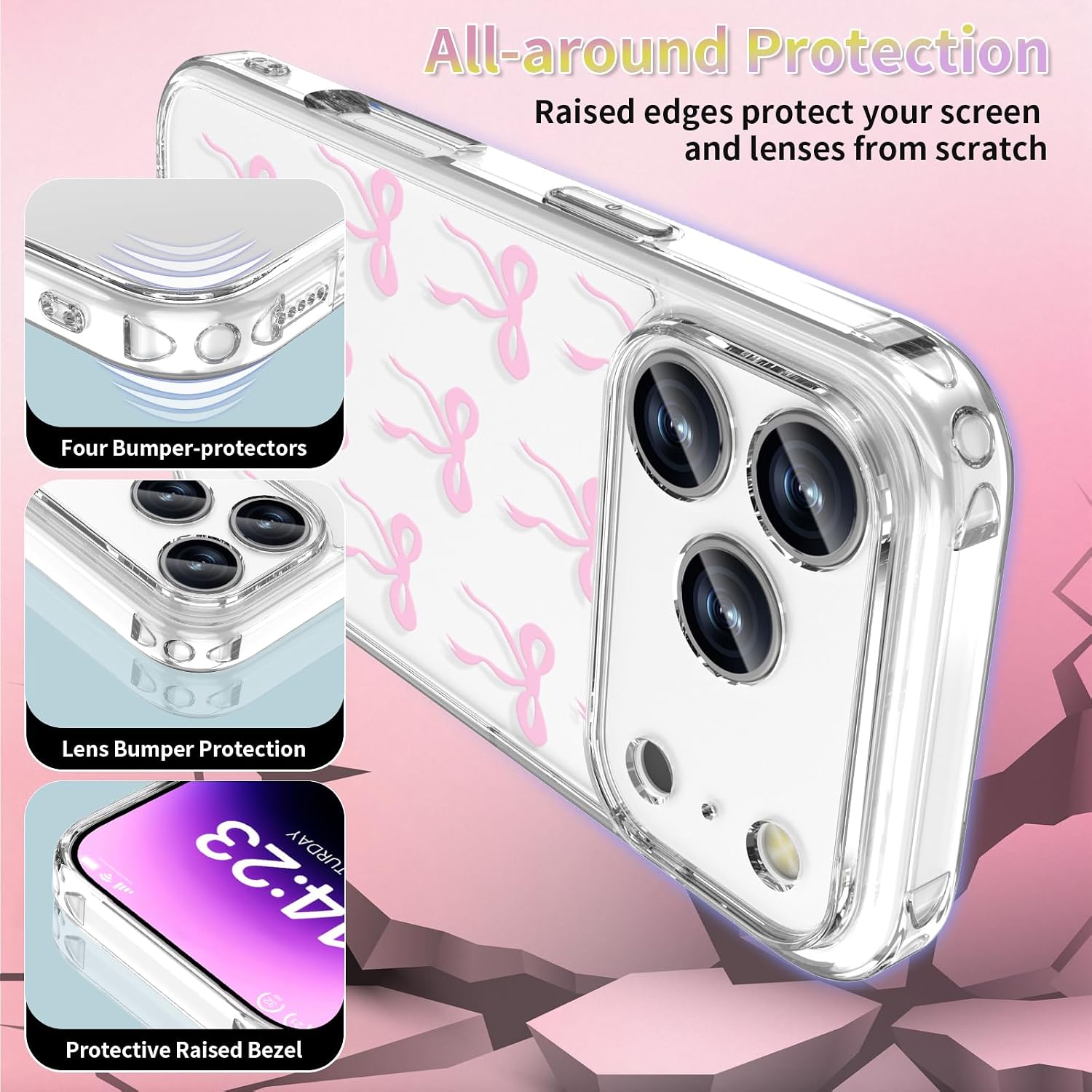 Case Compatible with iPhone 17 Pro 6.3 Inch with Screen Protector, Cute Bow Slim Clear Phone Cover for Women Girl｜Full Camera Protection｜Anti-Yellowing｜Shockproof & Anti-Scratch, Orange image 2