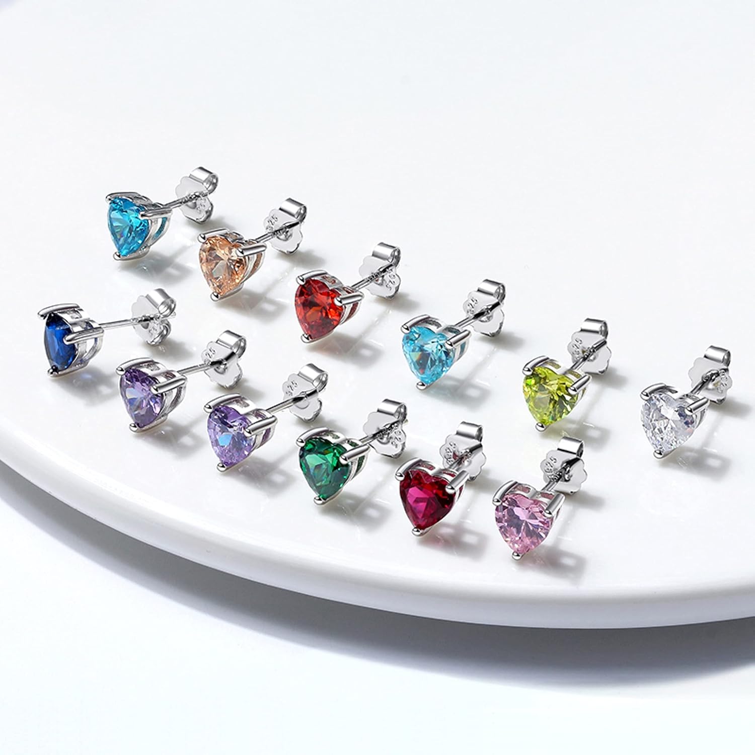 925 Sterling Silver Birthstone Heart Stud Earrings for Women, Gemstone Earring with 12 Colours Anniversary Birthday Jewellery Gift
