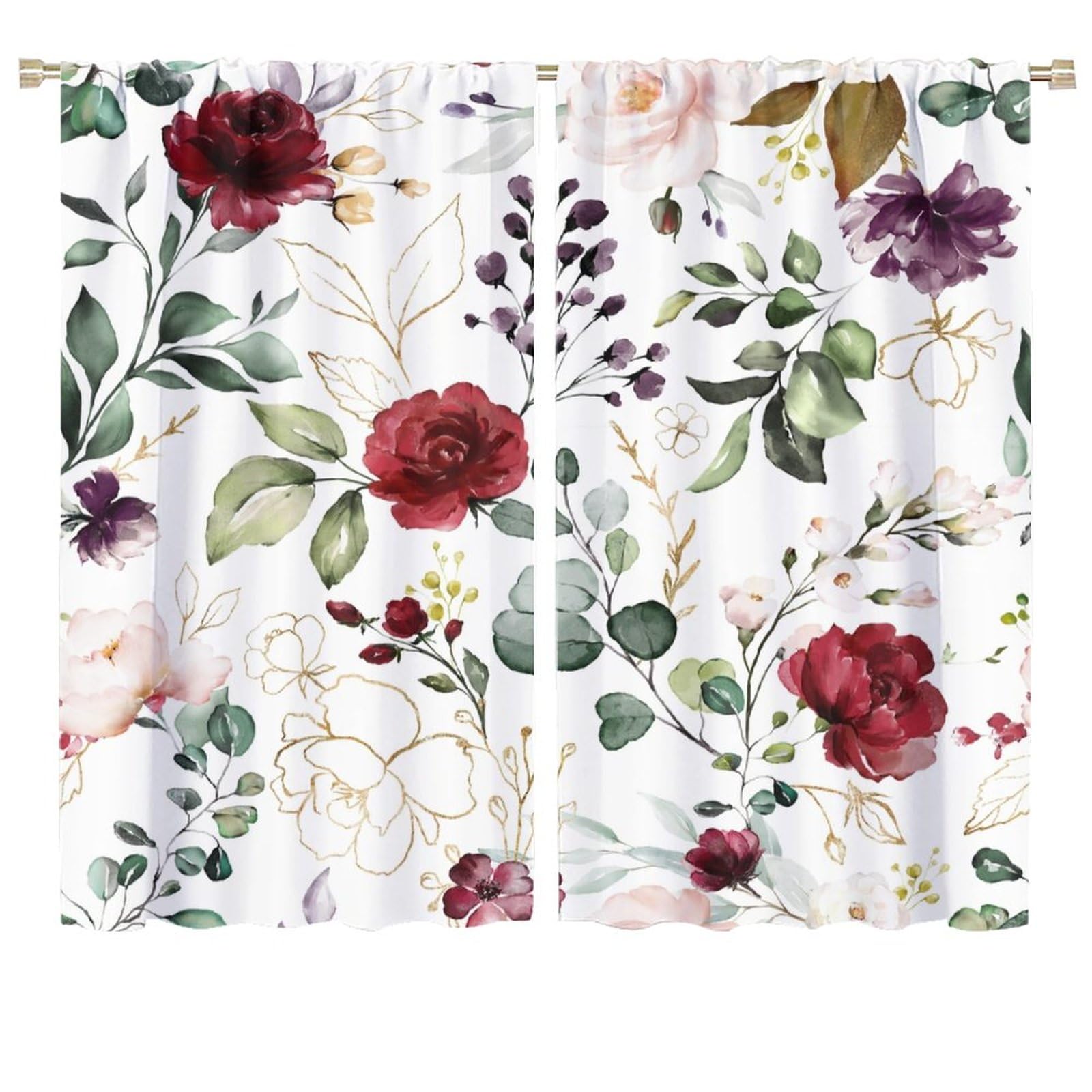 Floral Blackout Window Curtain Burgundy Flowers Plant Leaves Curtain Botanical Wildflower Green Gold for Bedroom Living Room Studio Dorm Curtain Window Curtain 2 Panels 72x63in