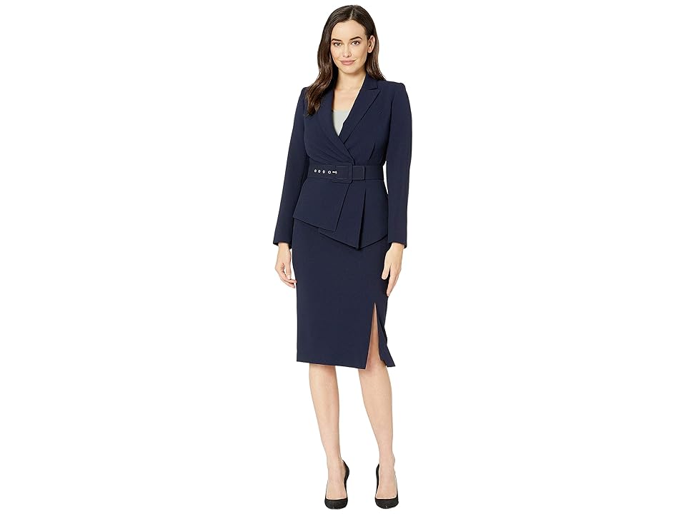 

Tahari by ASL Pebble Crepe Skirt Suit with Draped Jacket (Navy) Women's Suits Sets