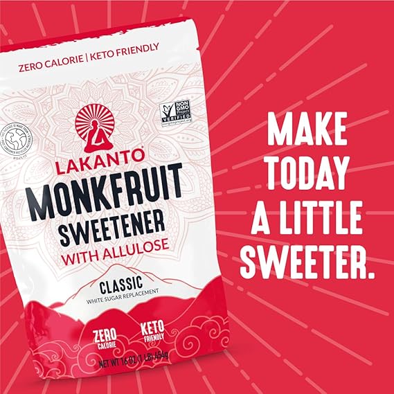 Lakanto Classic Monk Fruit Sweetener With Allulose, White Sugar Substitute From Monk Fruit Extract for Baking, Coffee & Tea, Gluten Free, Zero Calorie, Low Carb, Non GMO, Keto, Classic White (1 lb)