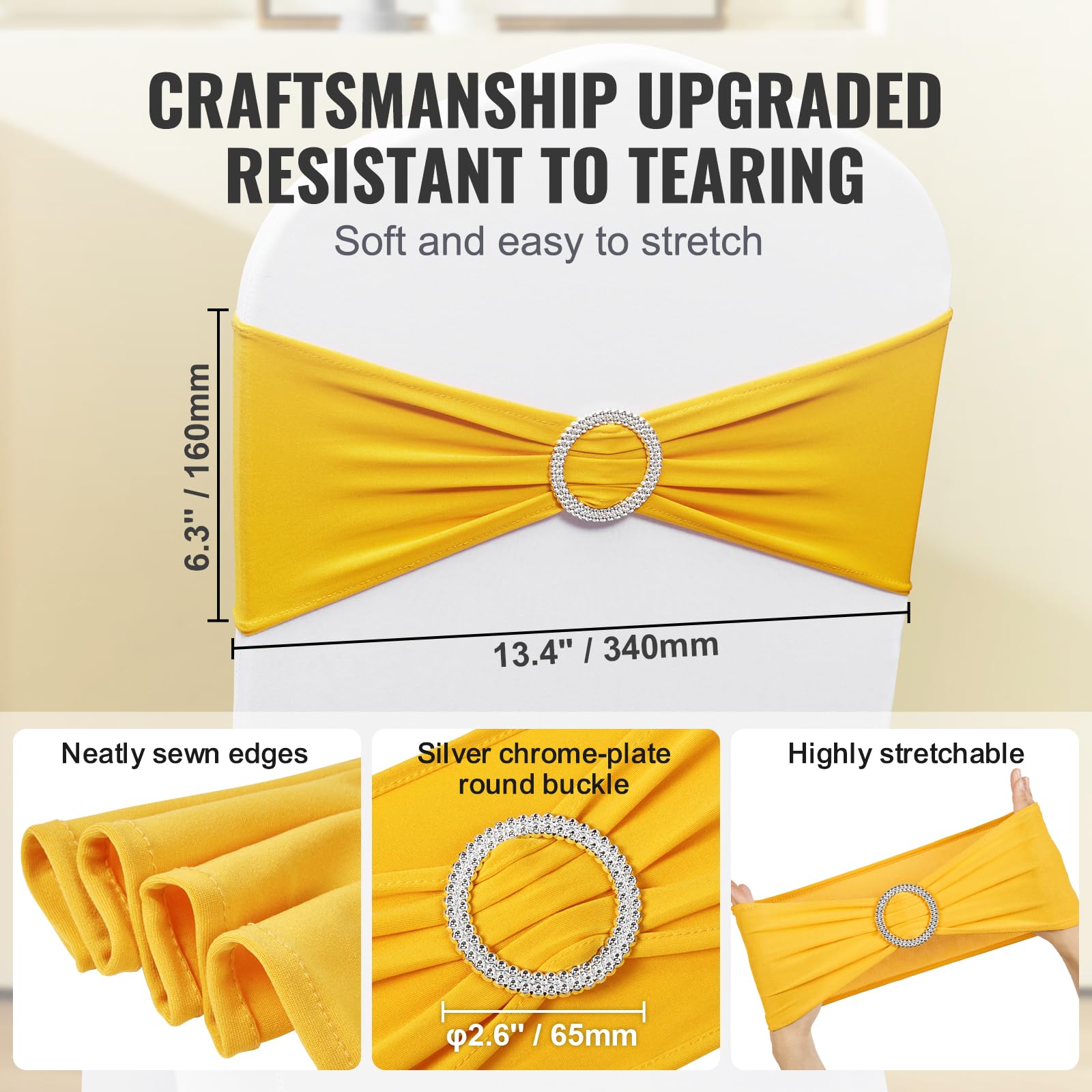 VEVOR Fajas de Spandex para Sillas con Bandas Elásticas y Hebilla, para Bodas y Fiestas (50 Piezas, Amarillo Dorado)